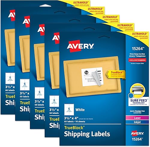 Avery Etiquetas de dirección de envío impresoras láser e inyección de tinta 60 etiquetas etiquetas de 3-13x4 permanentes 5 paquetes 15264