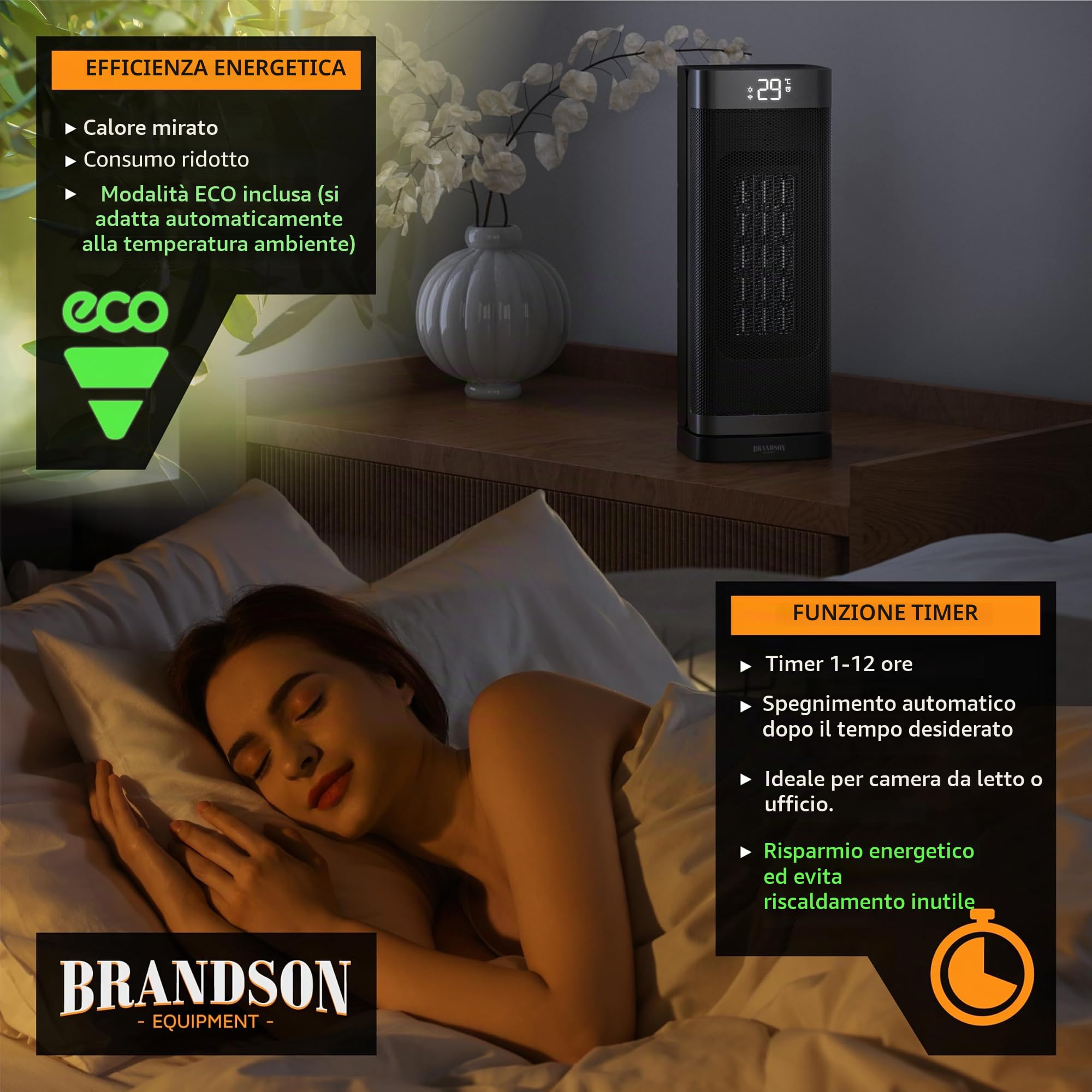 Brandson - Termoventilatore a risparmio energetico silenzioso - Oscillazione - con telecomando - Vincitore - Modalità ECO - 2 livelli - Timer - Riscaldamento in ceramica - Bagno Soggiorno Ufficio