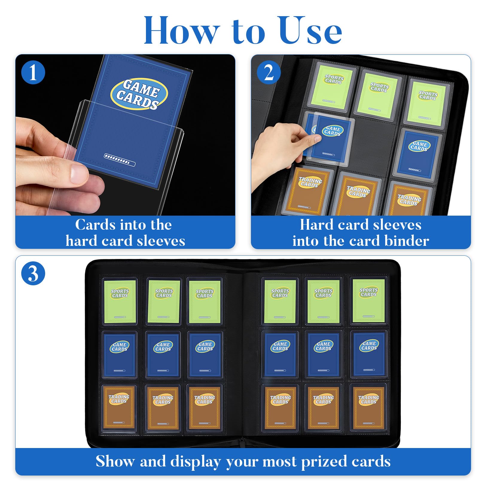 Fabmaker Carpeta de carga superior con capacidad para 360 tarjetas, carpeta portátil con asa retráctil, almacenamiento de tarjetas coleccionables de carga lateral para fundas de tarjetas duras de 3 x