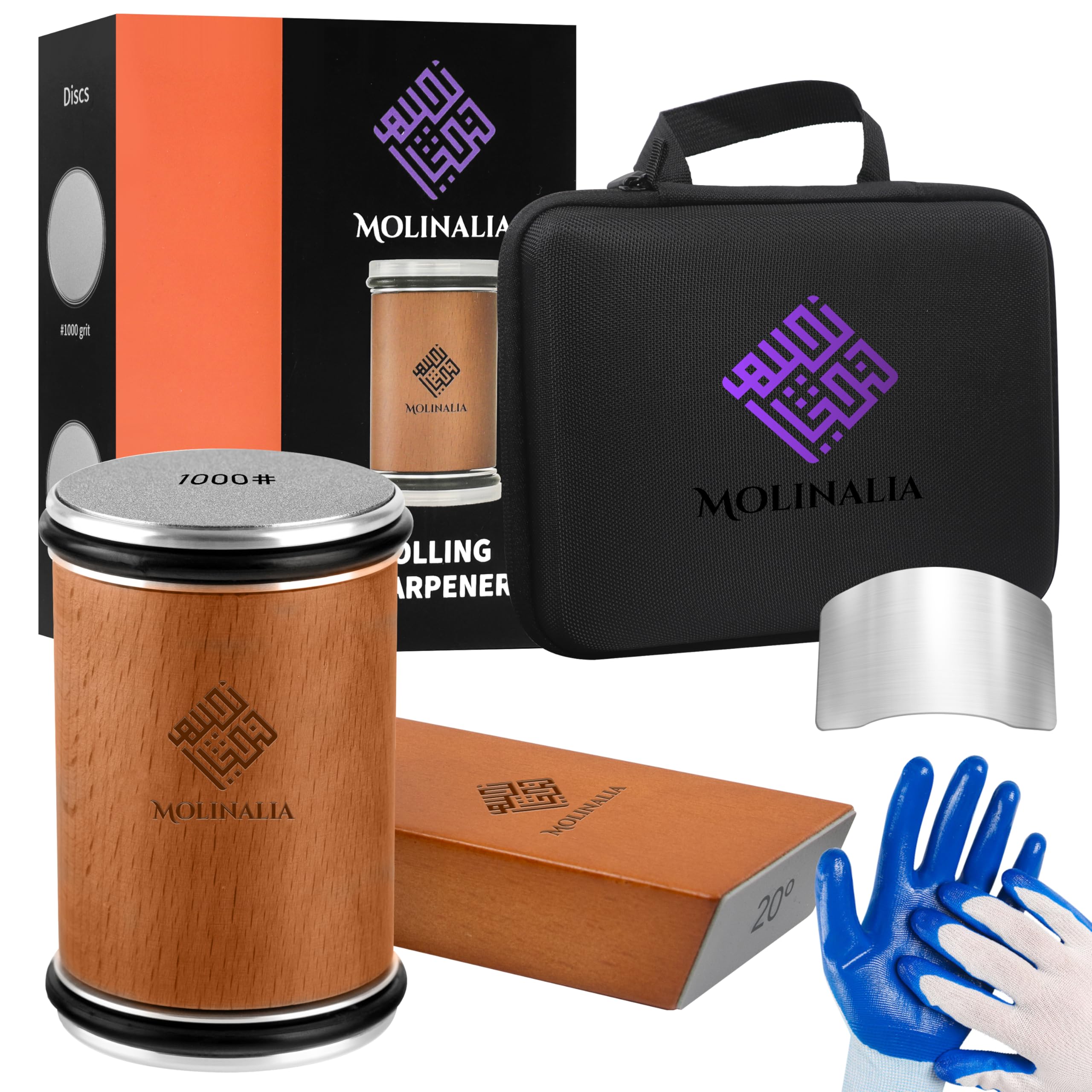 Rolling Knife Sharpener –Multi Angle Tool w/Diamond & Ceramic Discs #1000/#3000, tumbler knife sharpener having Finger Guard, Gloves & Travel Bag