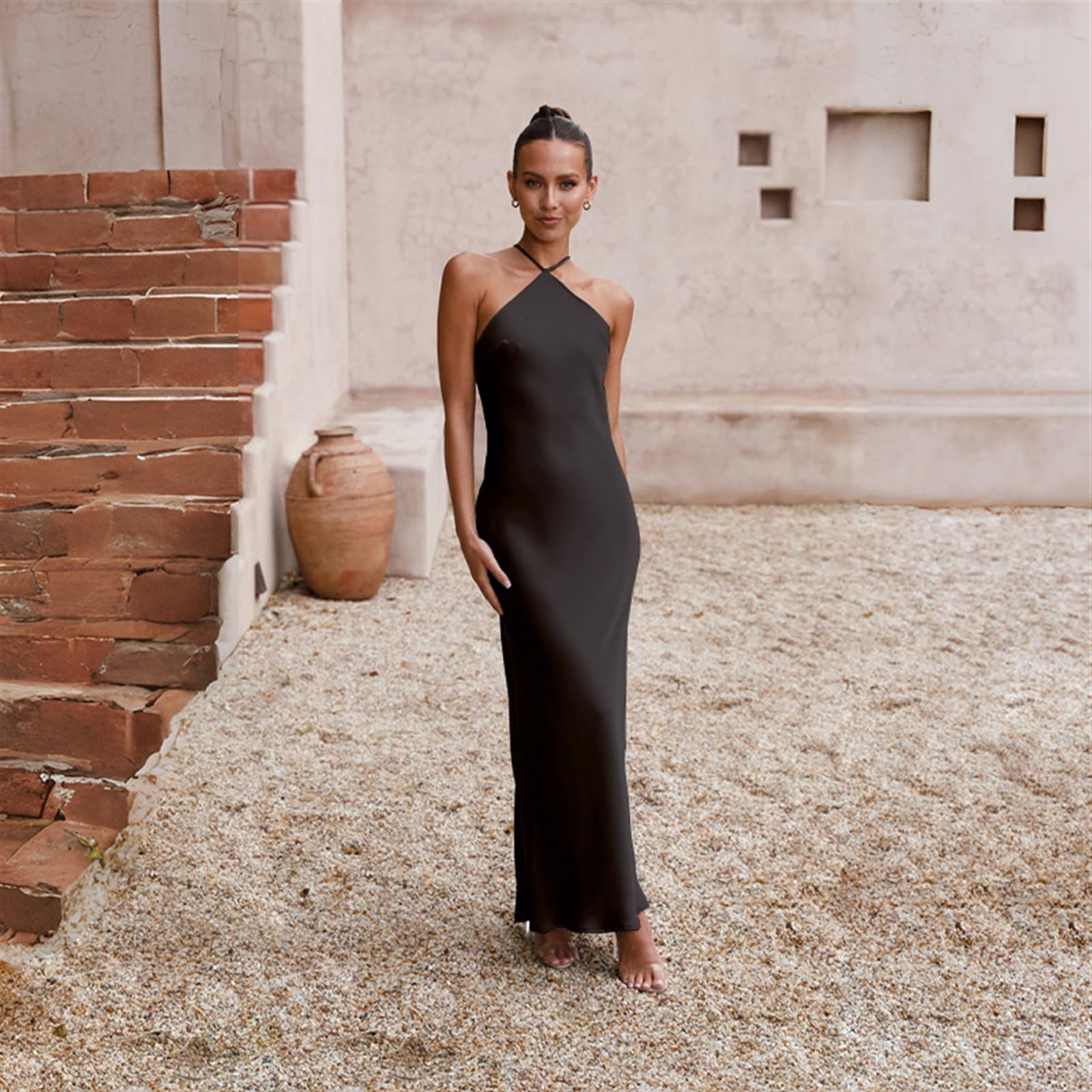 DAGIN Abito Longuette da Donna in Raso di Seta Sexy con Cinturino per Spaghetti, Collo ad Anello, Elegante Abito Longuette in Raso di Seta con Slip Lungo