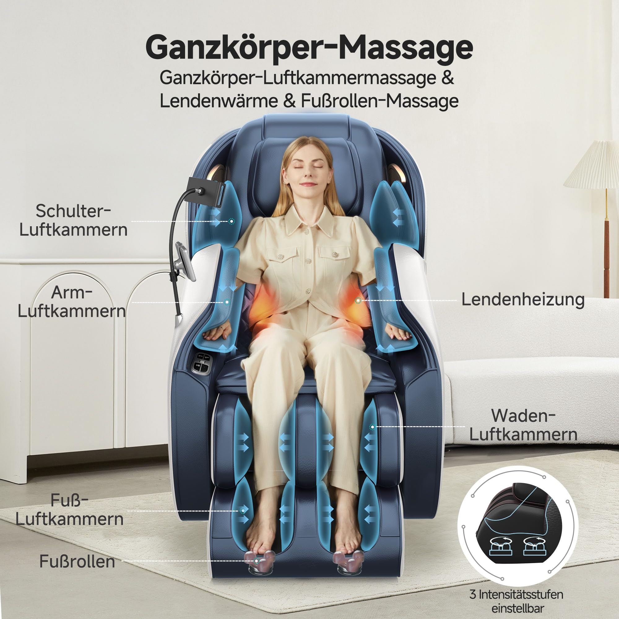 Real Relax 2026 Massagesessel Ganzkörper, Zero Gravity SL-Track Shiatsu-Massage-Liegesessel mit Telefon-Controller und Halterung, Kindersicherung, Pause-Taste und LED-Beleuchtung, Favor-06, Blau-Weiß