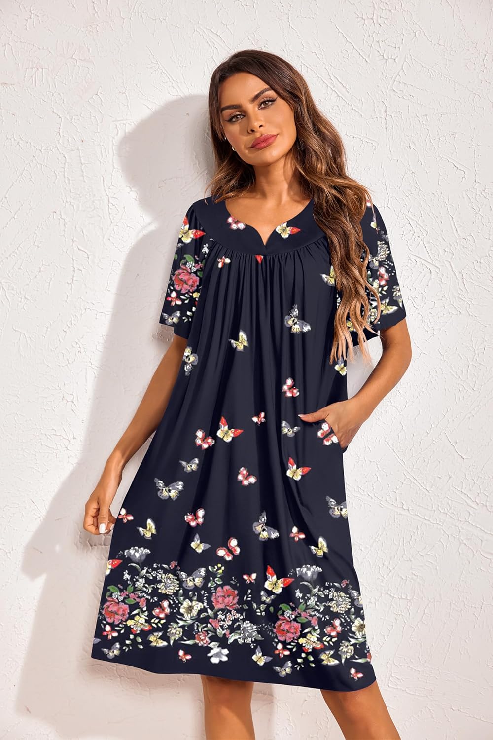 Ekouaer 2 Pack House Dresses for Women with Pockets Short Sleeve Moo Moos Floral Print Mumu Dresses - Image 5