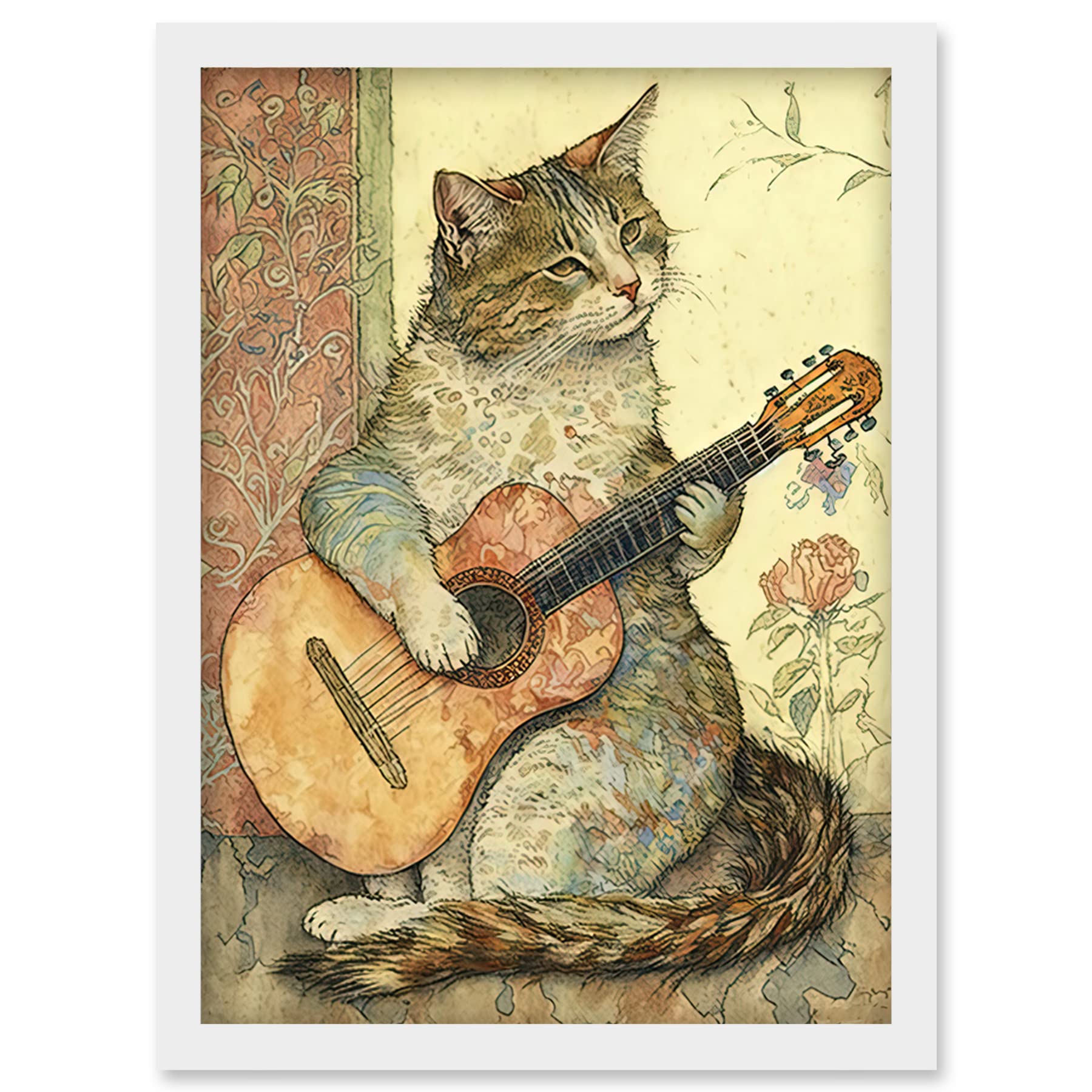 Artery8 Street Musician Cat with Guitar by Flower Pattern Mural Pastel Watercolour Illustration Artwork Framed Wall Art Print A4