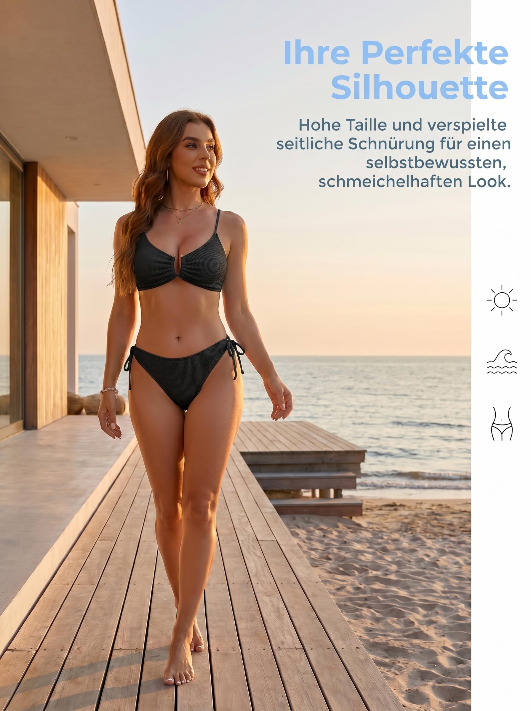 HORISUN Damen Bikini Set Zweiteilig Crinkle Strukturstoff Push Up U-Wire Oberteil Verstellbare Träger Cheeky Unterteil Seitenschnürung Strand Bademode