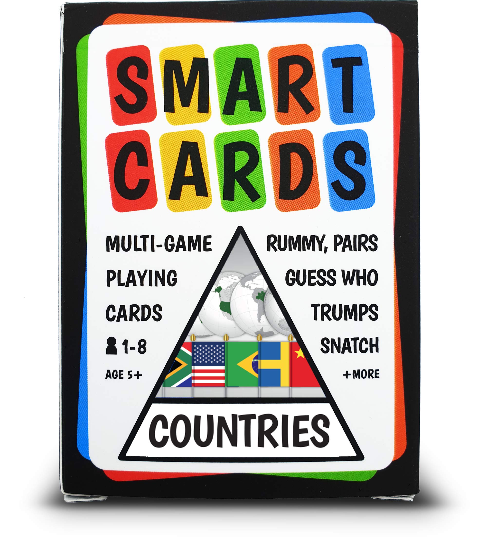 SMART CARDS Drapeaux de pays et continents – Cartes d'apprentissage et à jouer, jouer à 7 jeux classiques, Trumps, Rummy, Quiz de paires, Guess Who, Happy Families et plus encore