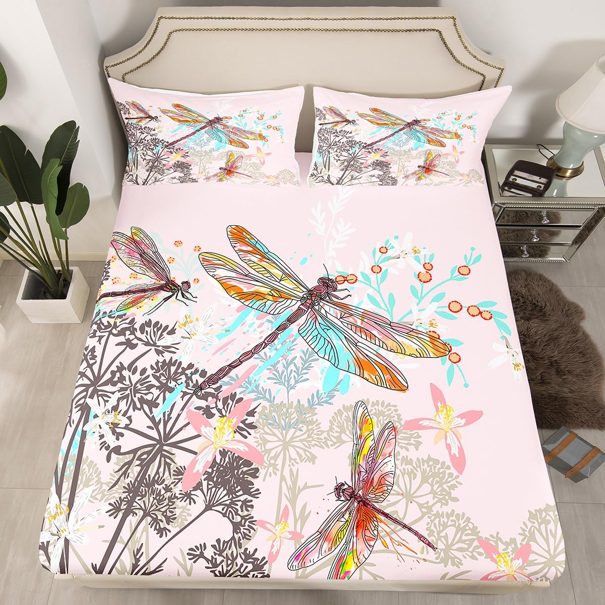 Feelyou Dragonfly Bedding Set Twin Size Botanical Floral Fitted Sheet Set for Kids Girls Teens Women Bedroom Decor Nature Animals Branches Bed Sheet Set Pink