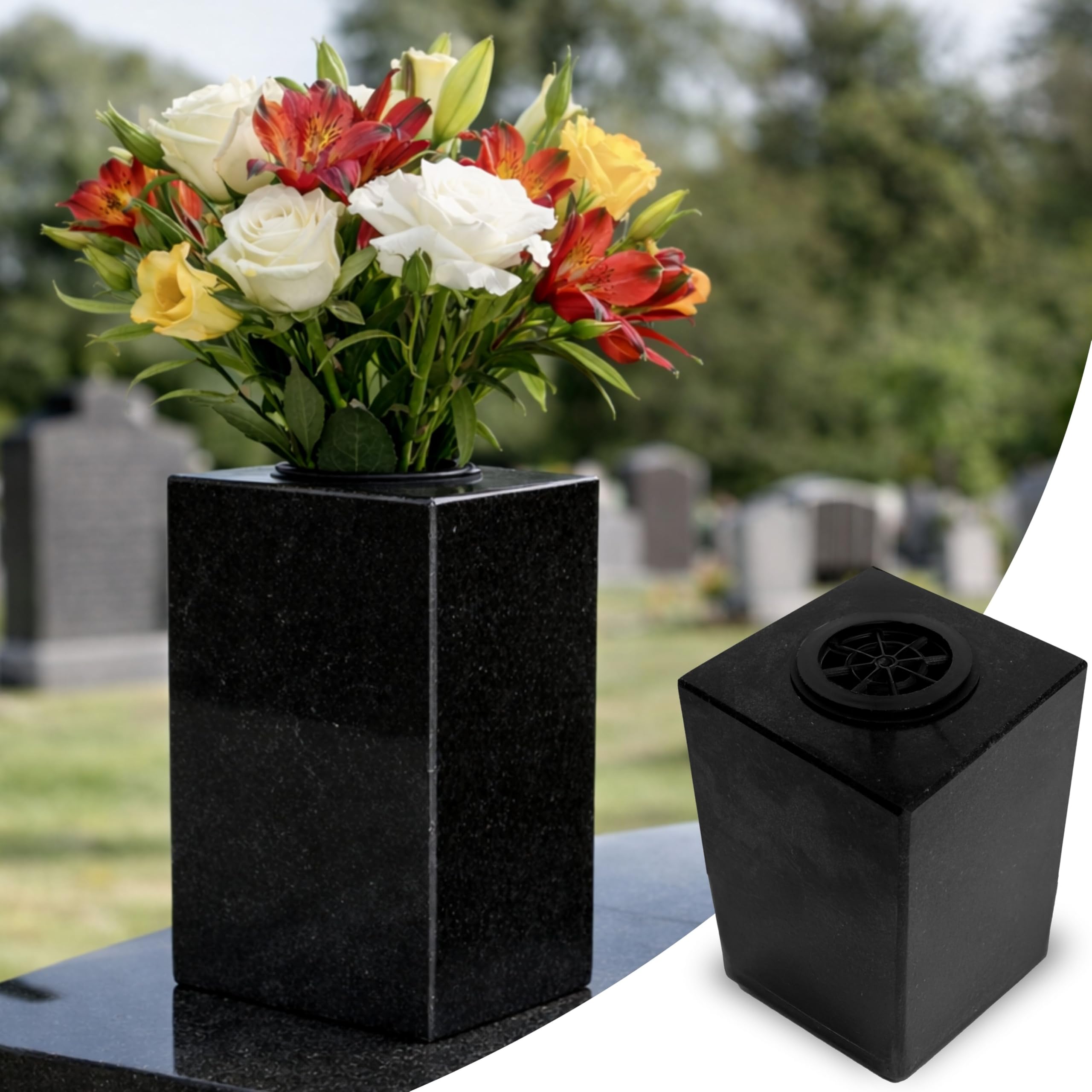Novecrafto Black Square Granite Memorial Vases For Graves – Heavy Black Granite Grave Vase For Flowers, Solid Stone Flower Pot With Removable Insert – Cemetery Grave Flower Holder For Fresh & Artificial Flowers