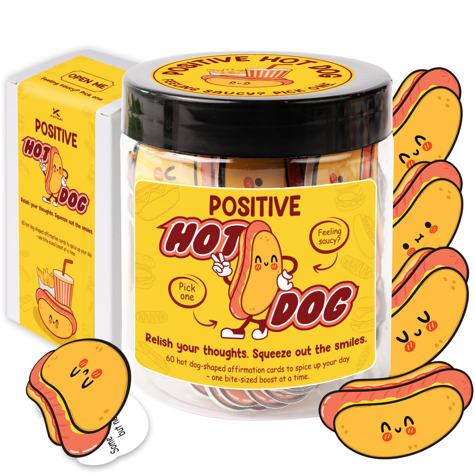 KATINAT Positive Hot Dog Jar, 60 Funny Affirmation Cards, Emotional Support Hot Dogs, Foodie Gifts for Friends, Teens, Funny Gifts for Women, Cowokers, Office, Hot Dog Decorations
