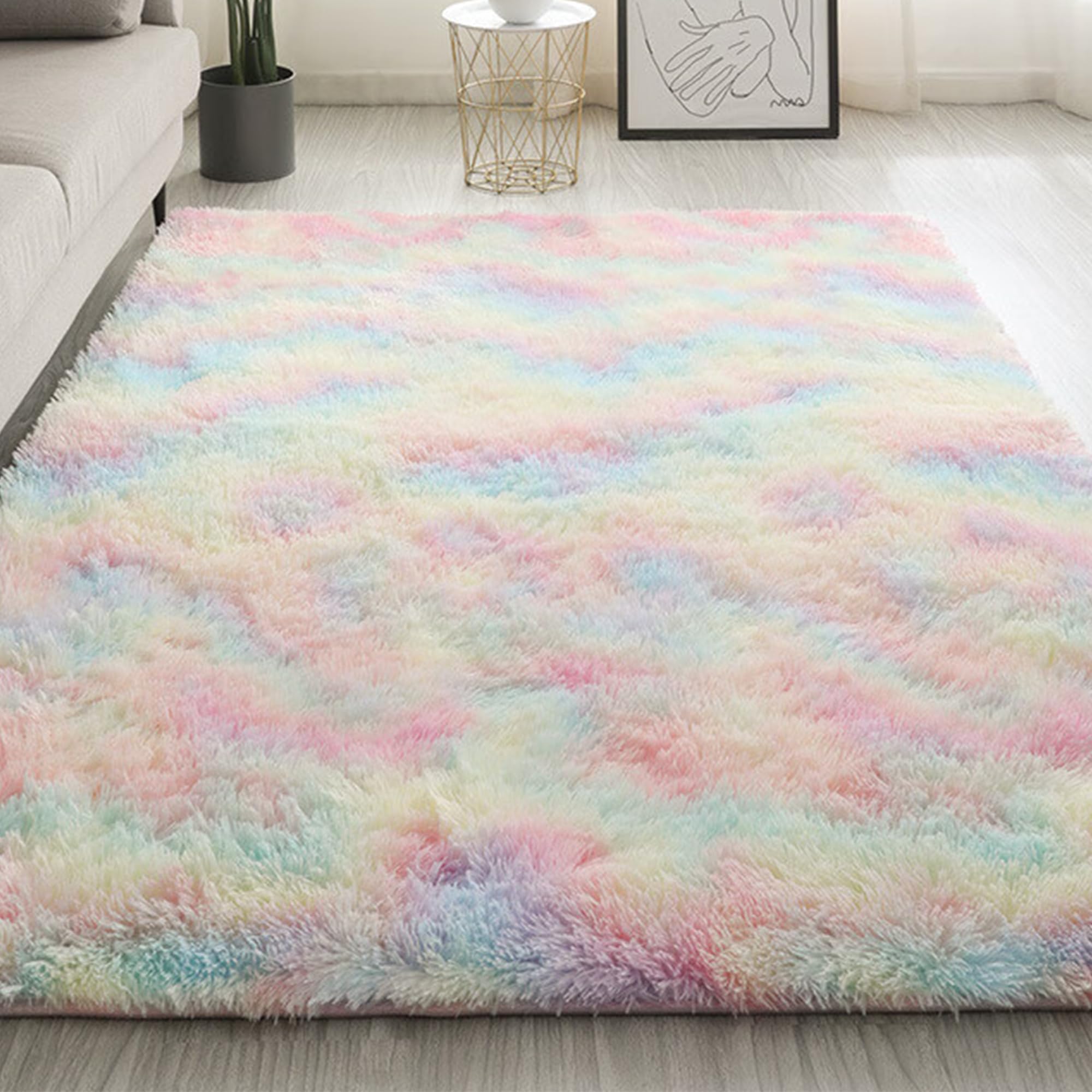 Tapis de sol shaggy 270x340 cm multicolore à poil long épais lavable