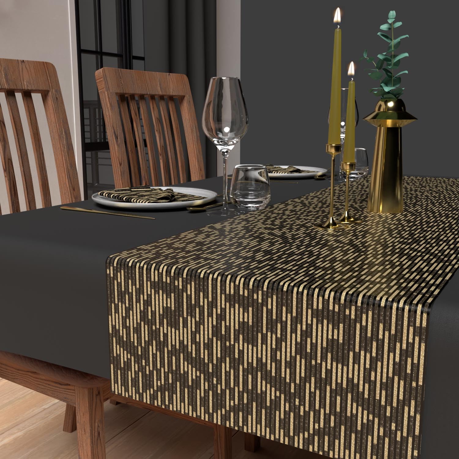 Soleil d'ocre, Festive Printed Table Runner 40 x 180 cm Gold Black