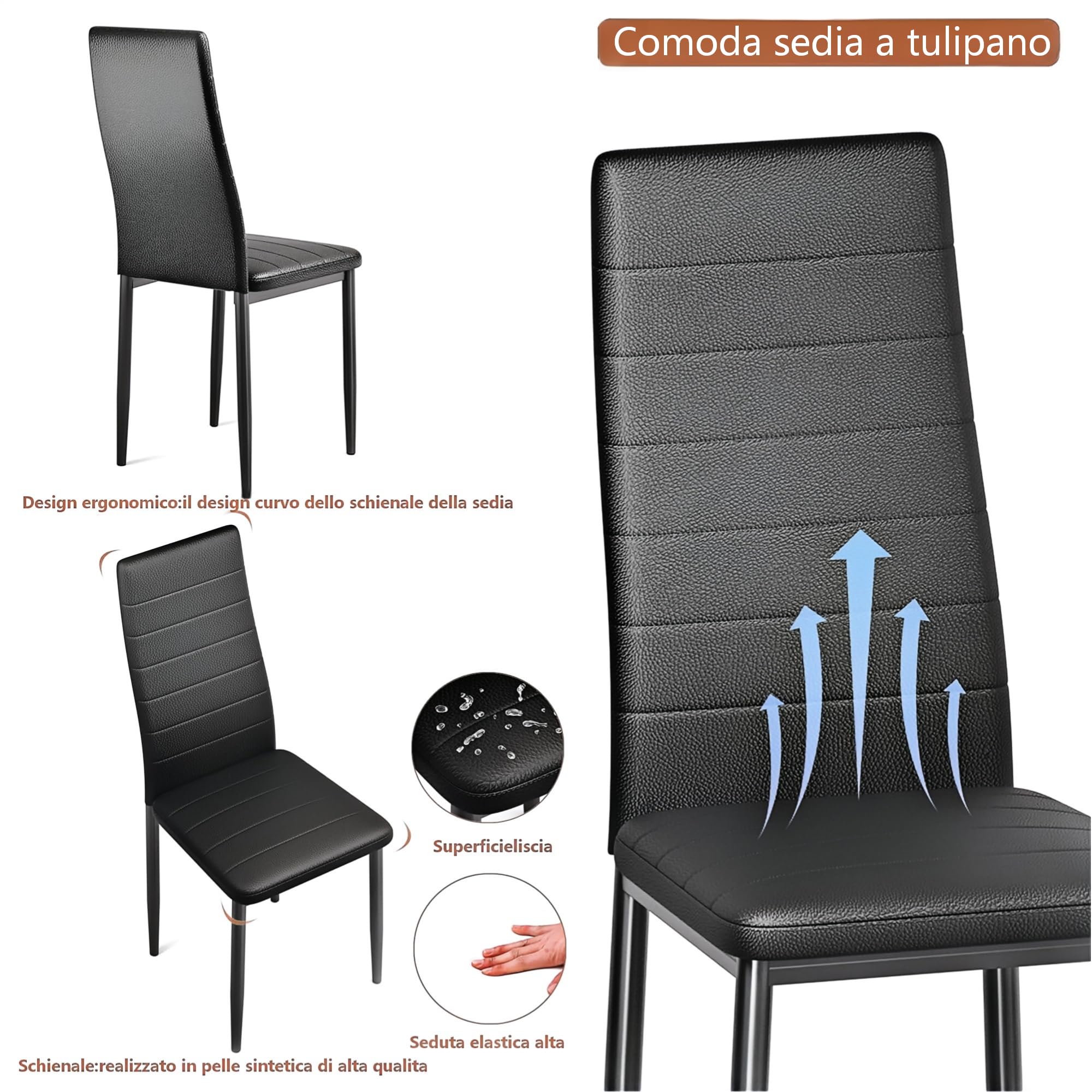 DEWINNER Sedia da pranzo nordica (set da 6), design ergonomico, gambe in metallo, imbottita vintage, sedia da cucina casual con cuciture, nero