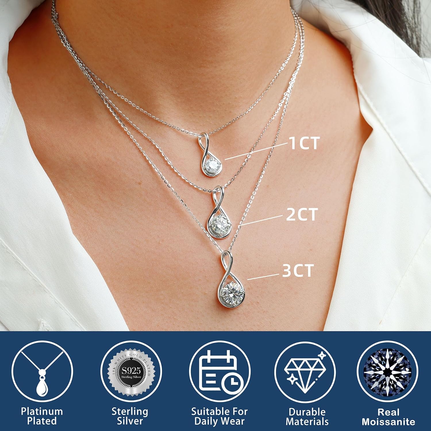 Moissanite Necklace for Women, 1-3CT D Color VVS1 Solitaire Pendant, 18K White Gold Plated 925 Sterling Silver Adjustable Chain, Jewelry Gift for Wife Girlfriend Anniversary Wedding Birthday Mother's Day - Image 5