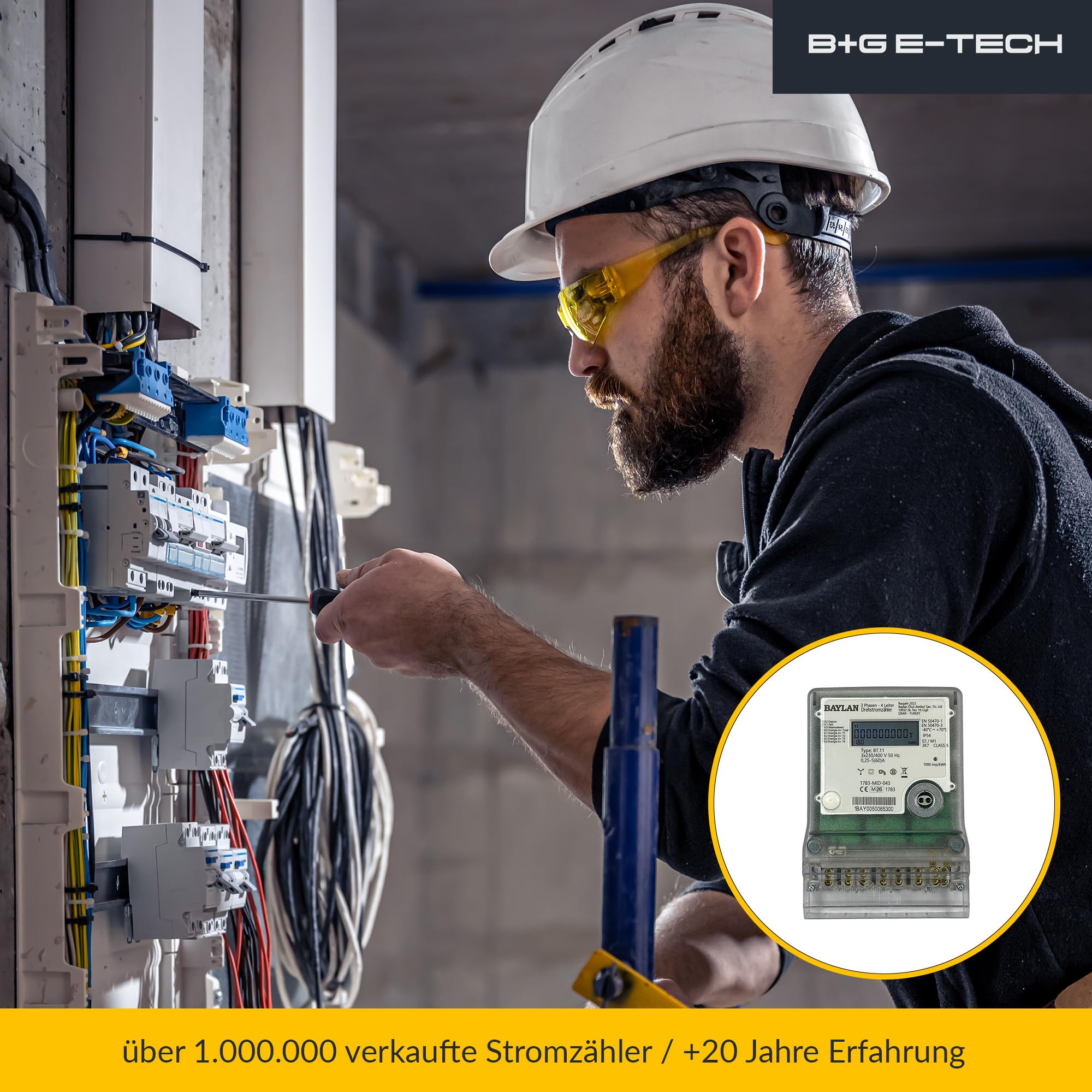B+G E-Tech [BT.11 - MID 26] Drehstromzähler für Zählerplatzmontage - MID zertifiziert, Direktmessung bis 60A, Einzeltarifzähler mit interner Uhr, IR & RS485 Schnittstelle