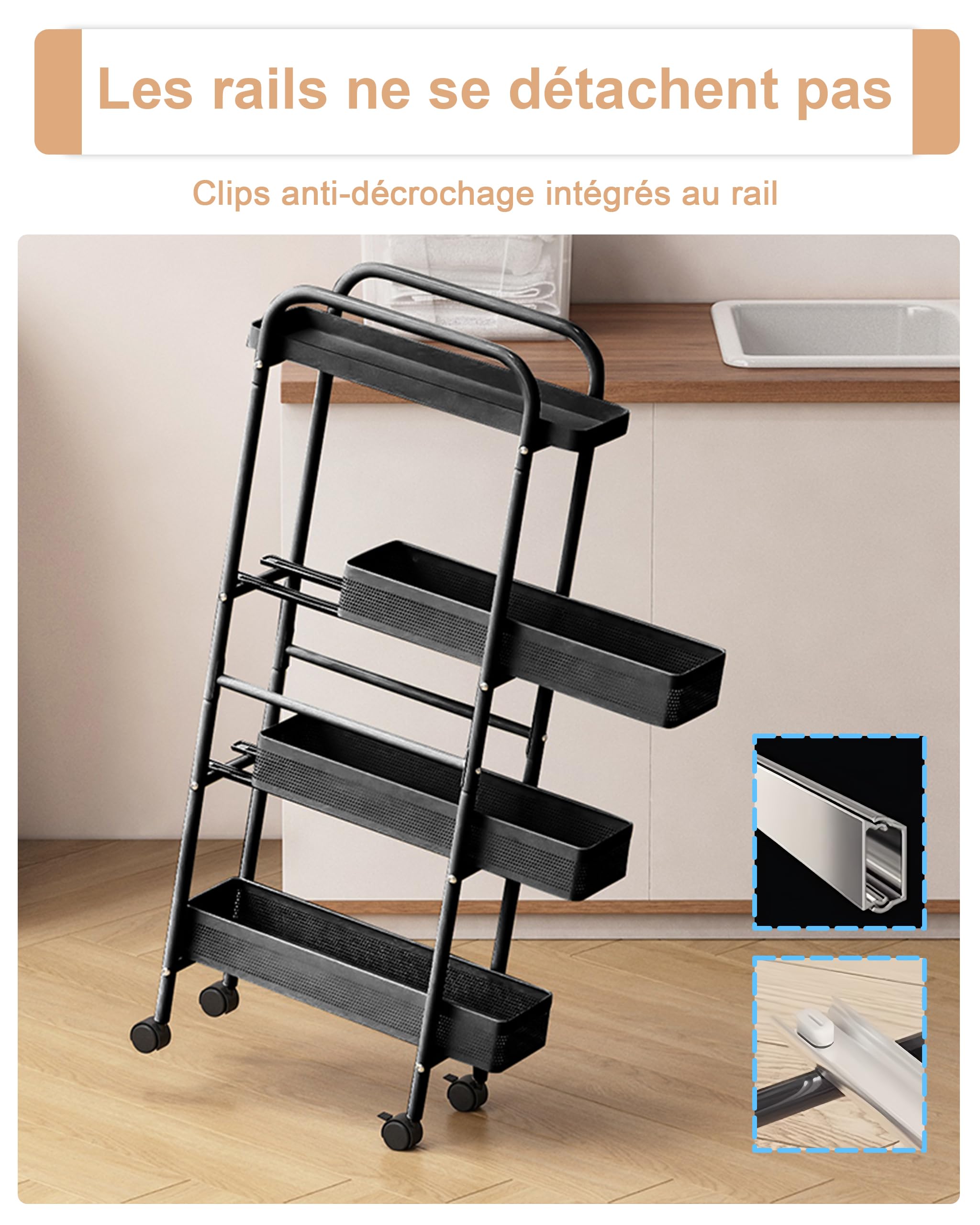 UMDONX Métallique Chariot de Cuisine étroit avec Tiroirs Coulissants,Noir | 4 Niveaux étagère Roulette Etroite,Chariot de Service à roulettes,Chariots de Rangement pour Cuisine Bain Salon Balcon