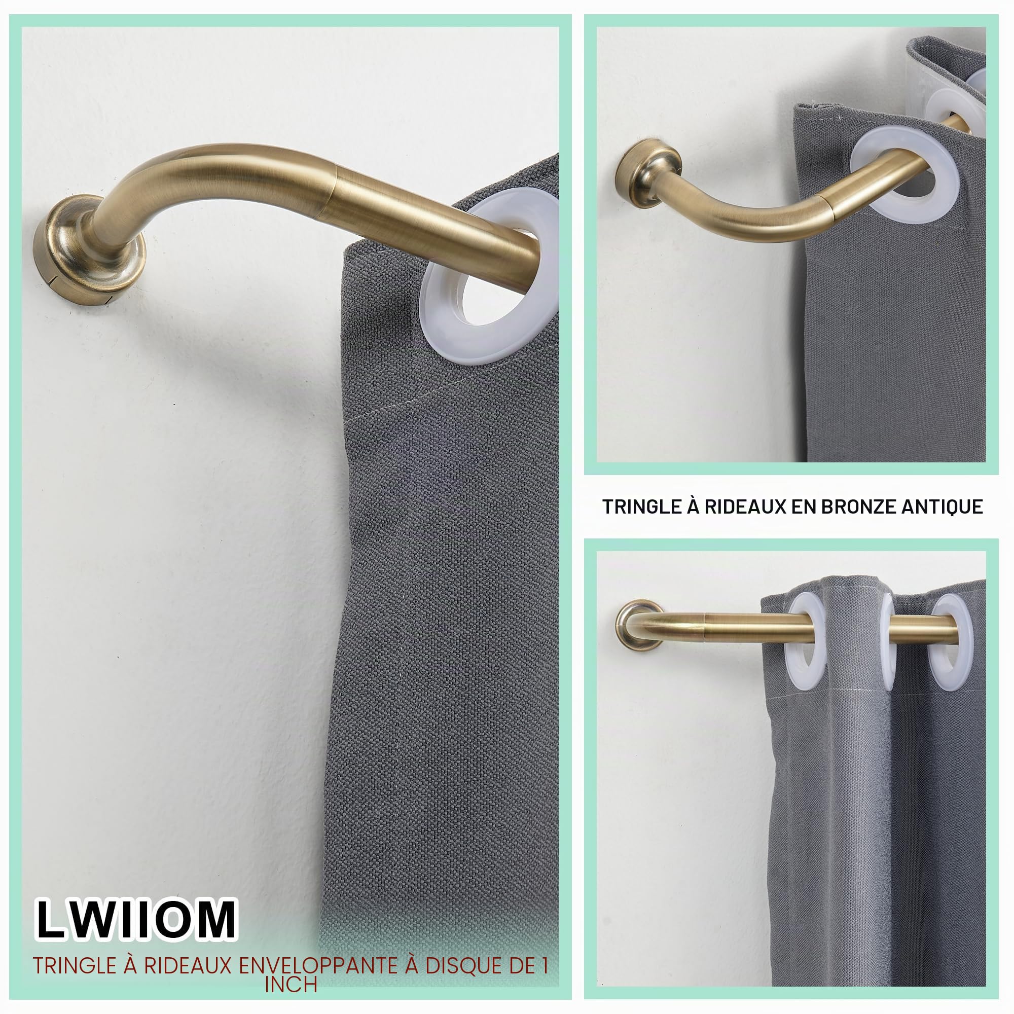 Tringle à rideaux réglable en bronze antique pour fenêtres de 40,6 à 71,1 cm, épissure interne de 2,5 cm de diamètre, tringle à rideaux occultants avec embouts et supports en aluminium, design