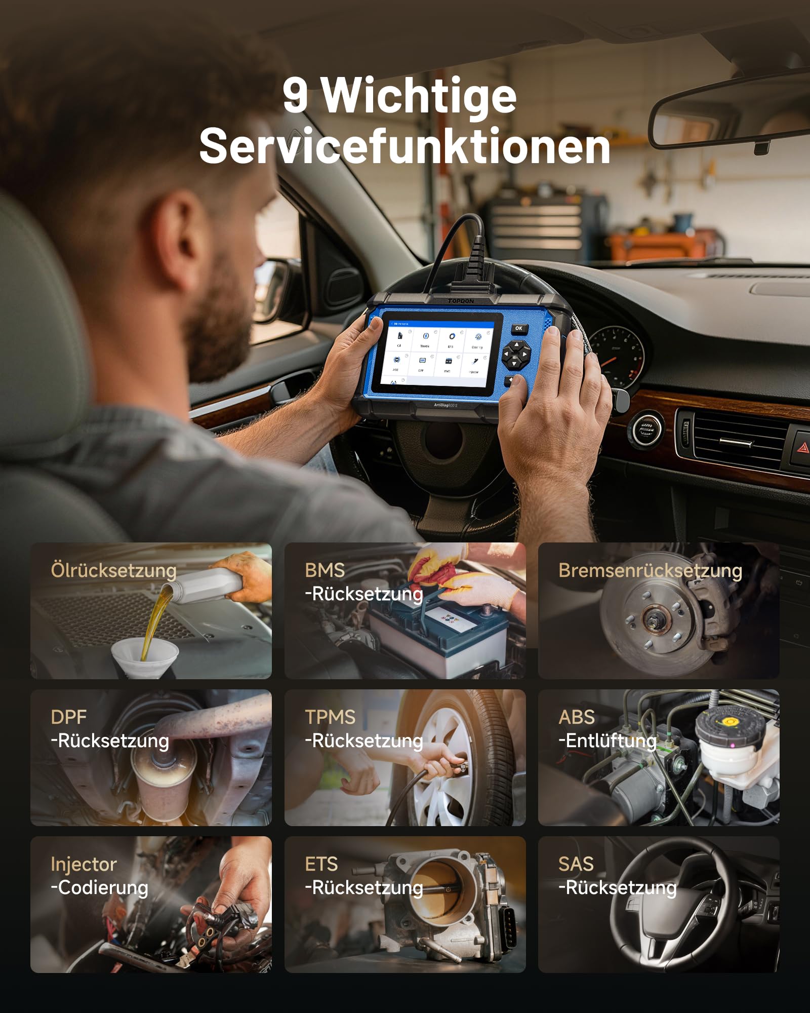 TOPDON AD600S OBD2 Diagnosegerät, Auslesegerät Auto alle Autos für 4 System Diagnose, 9 Servicefunktionen für Öl/DPF/ABS/BMS/SAS, Volle OBDII Funktionen, KOSTENLOSE LEBENSLANGE Updates