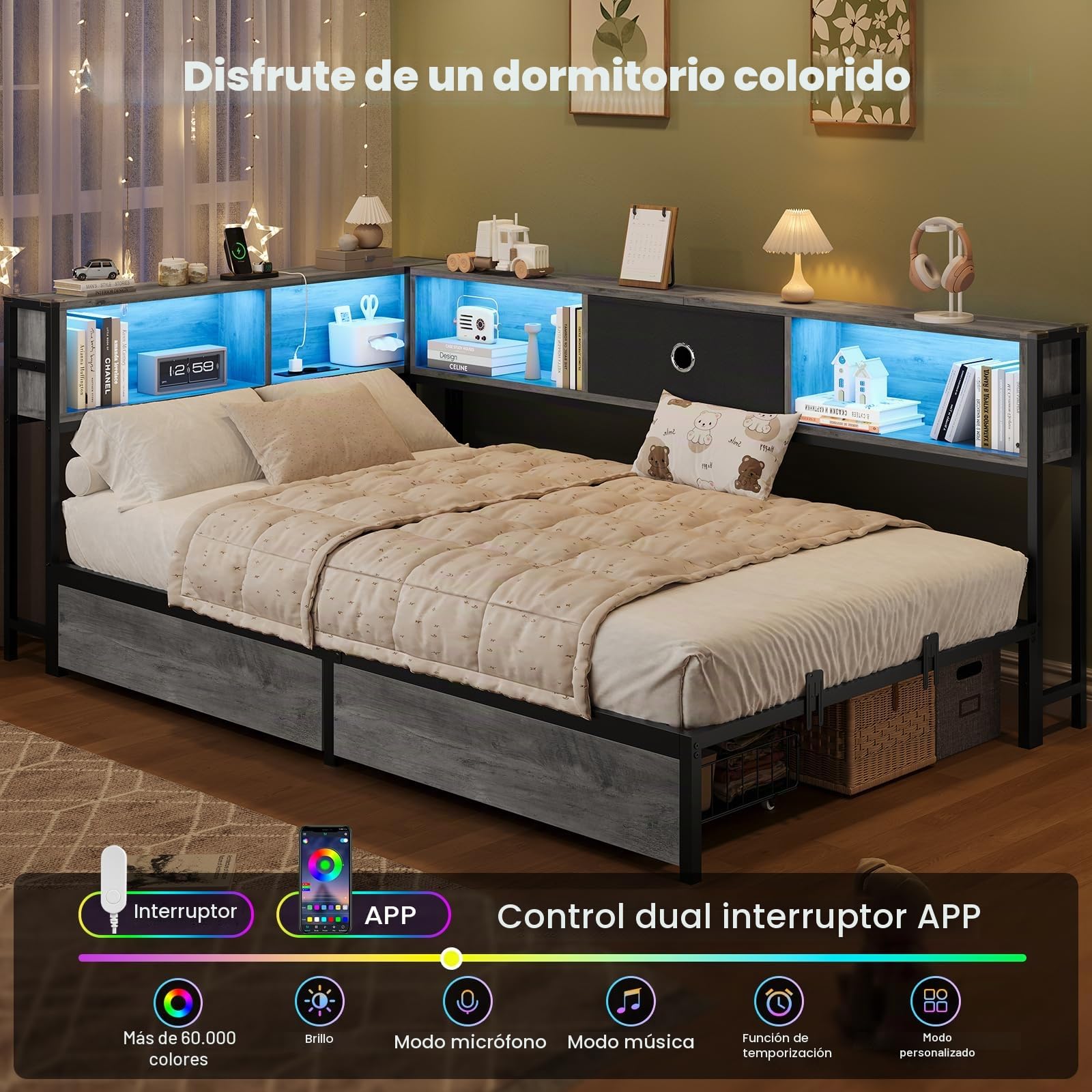DICTAC Cama juvenil 90x200 con iluminación LED y estación de carga, cama 90 x 200 con espacio de almacenamiento - 5 compartimentos y 2 cajones, cama de día individual 90x200 con somier de metal, cama