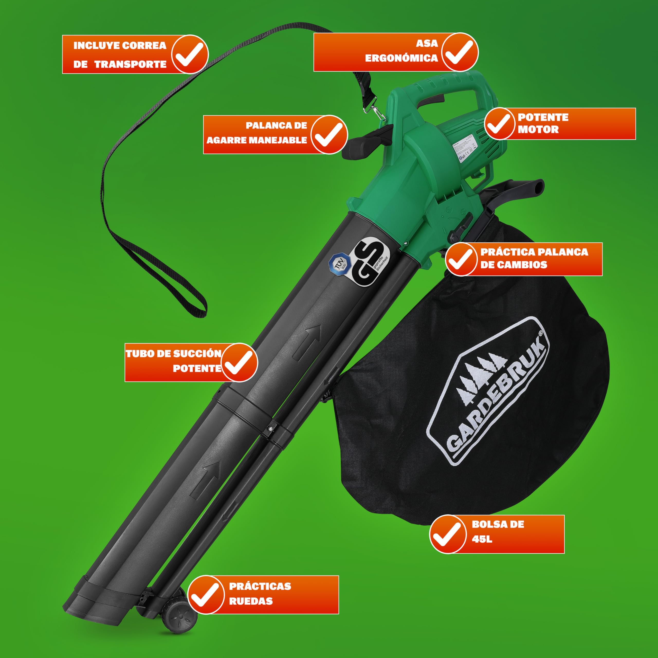 GARDEBRUK® Soplador de Hojas, Aspirador, Soplado 270km/h, Capacidad 13,2m³/min, Función Trituradora, 3en1 Bolsa, 45L, Herramienta Jardinería, 3000W, Sopladores Exteriores Potentes, Ligero