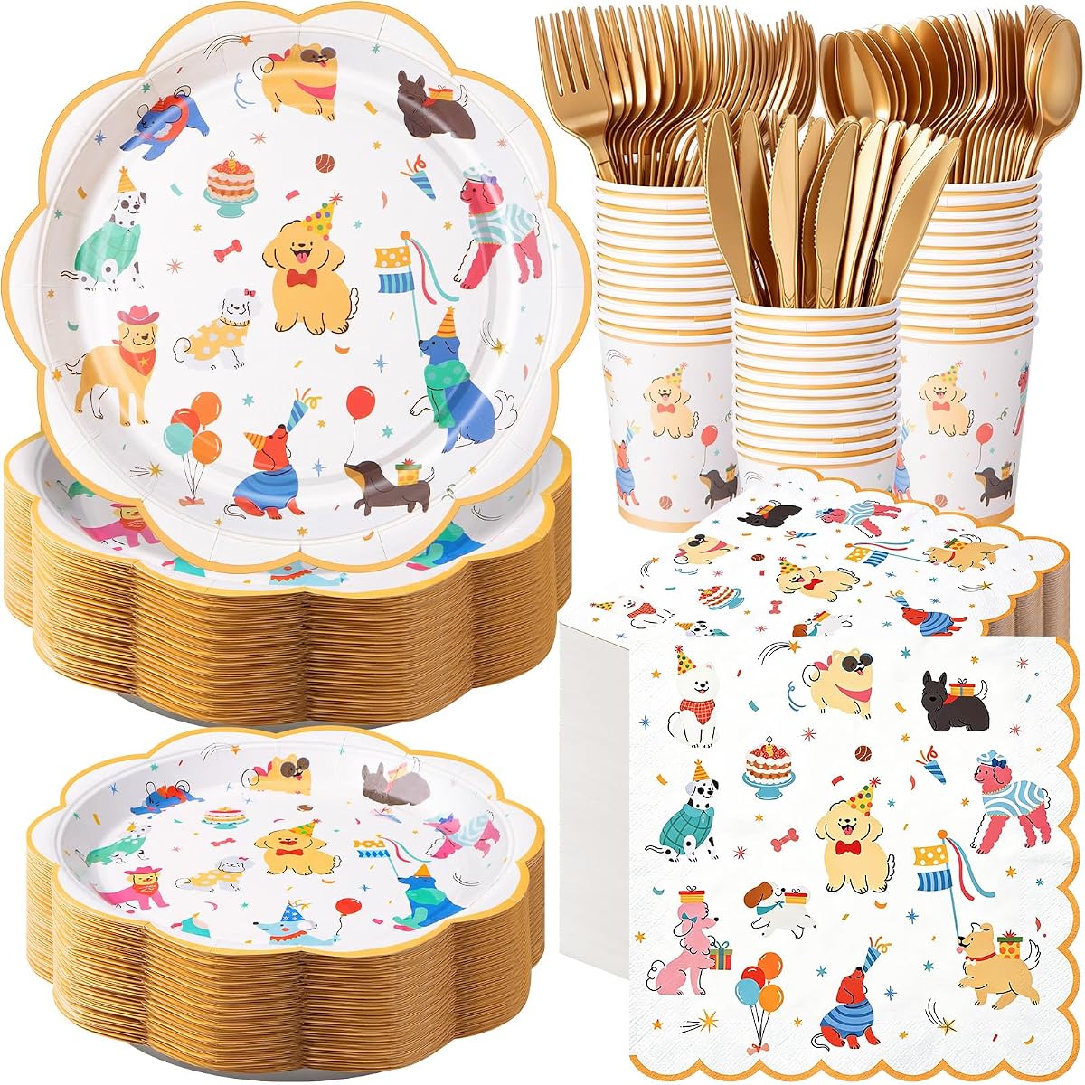350 Pcs Dog Theme Birthday Party Decorations Puppy Dog Prints Paper Plates Napkins Cups Tableware Set Disposable Dinnerware Serves 50 Guest Puppy Party Favors Supplies