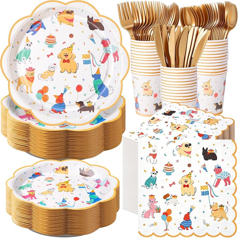 350 Pcs Dog Theme Birthday Party Decorations Puppy Dog Prints Paper Plates Napkins Cups Tableware Set Disposable Dinnerware Serves 50 Guest Puppy Party Favors Supplies