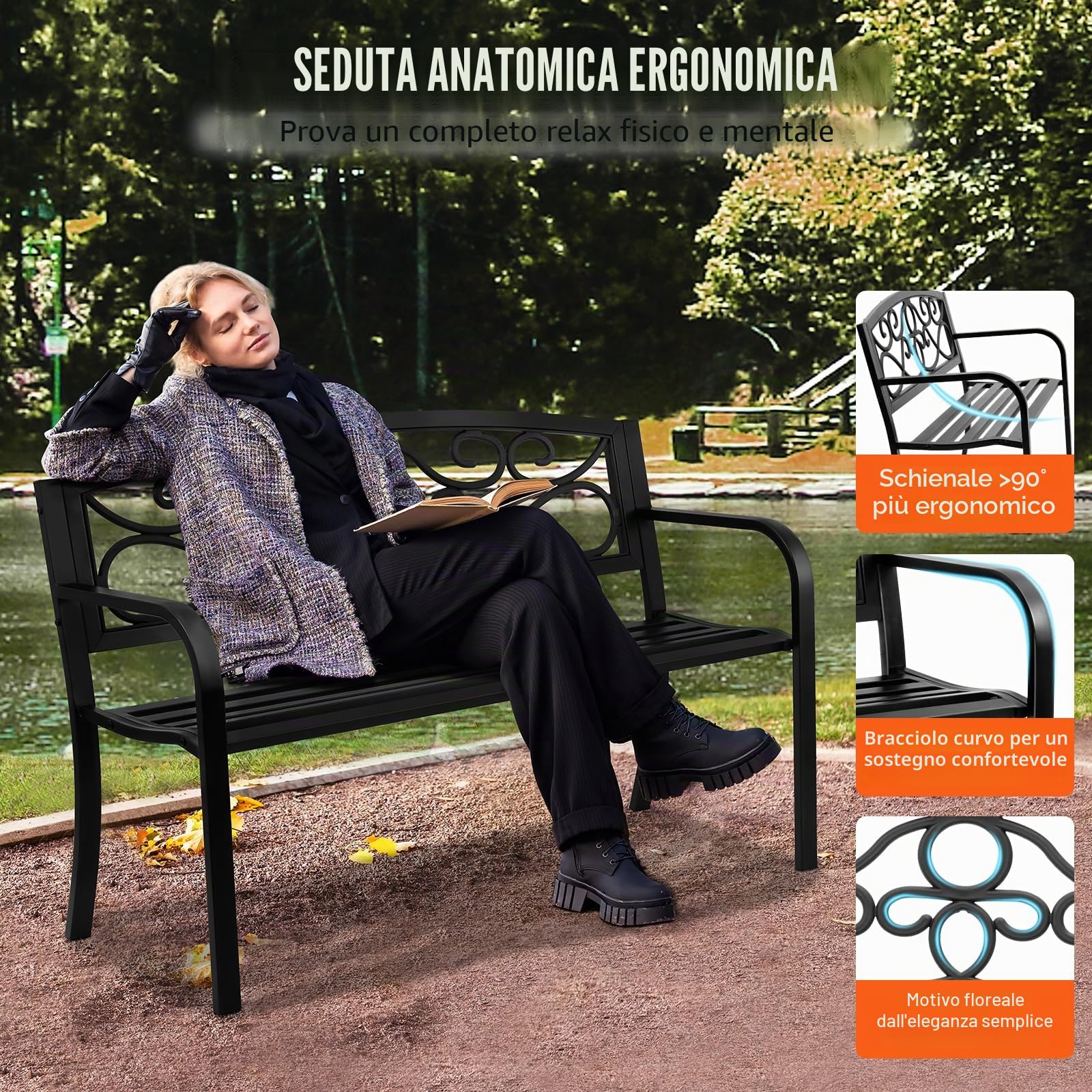 VEVOR Panchina da Esterno da 52,7 x 127 x 81,8 cm Panchina da Giardino in Metallo per Esterni, Capacità di Carico di 250 kg Panchina da Giardino con Schienale, Braccioli, per Parco, Cortile, Portico