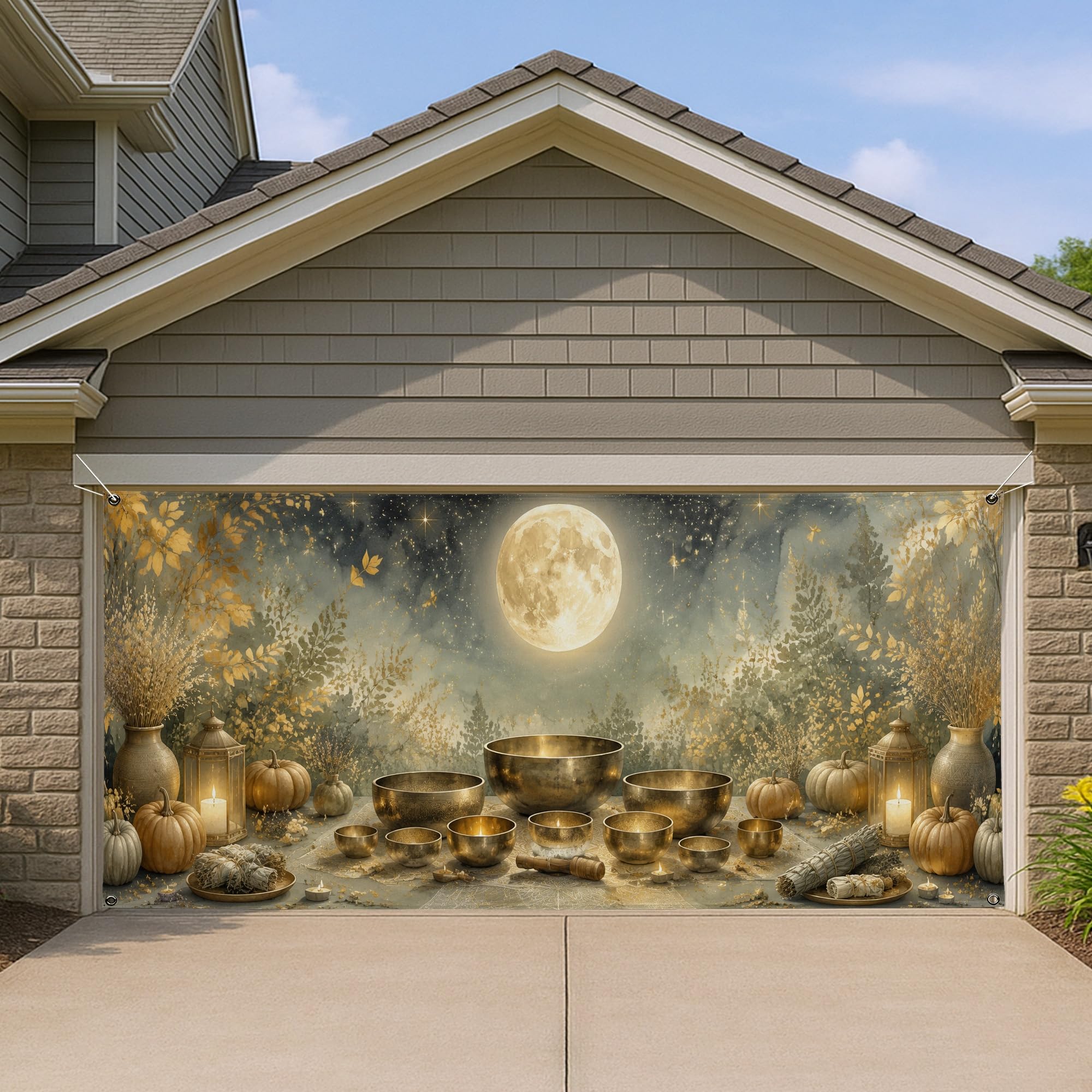 Housse de porte de garage rustique d'automne orange motif citrouilles et lanterne 397 x 180 cm