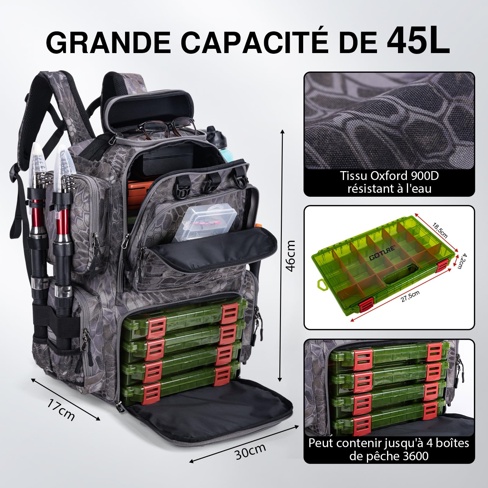 Goture Sac de pêche 45 L Tissu Oxford 900D Dos Souple résistant à l'eau avec Porte-Cannes et Housse de Pluie