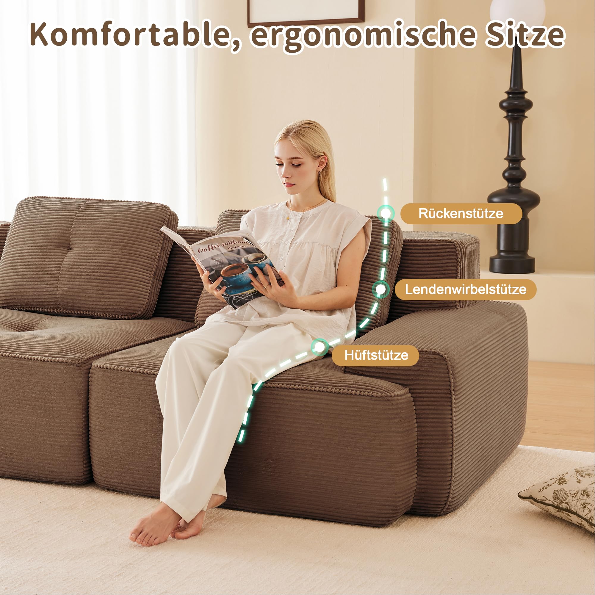 Bladez Moderno divano modulare Cloud Boneless ad angolo a forma di L in velluto a coste, divano cloud modulare con pouf, senza montaggio, divani imbottiti cloud combinabili per soggiorno (marrone, 3
