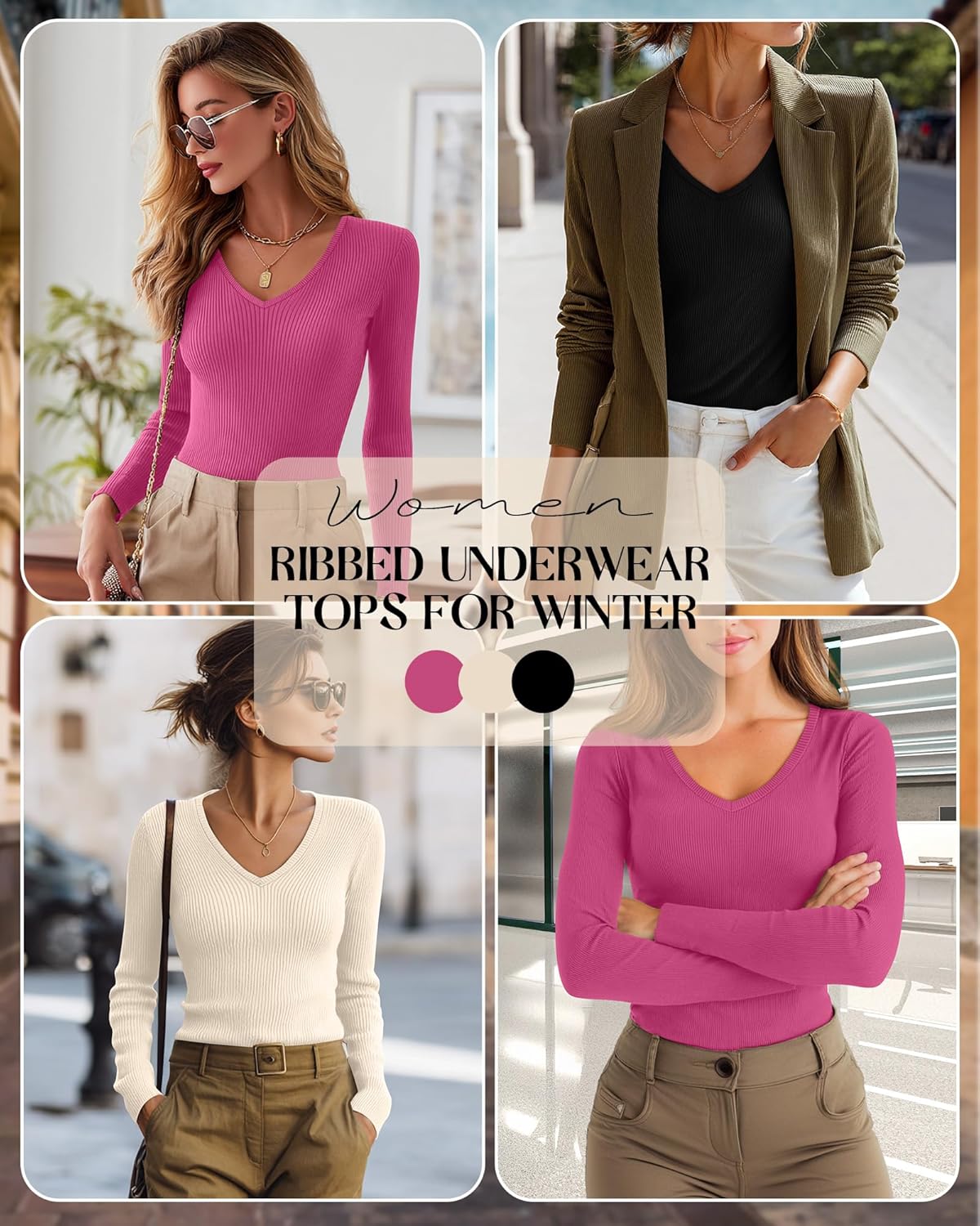 Riyiper 3 Pack Women Long Sleeve Shirts, 95% Cotton V Neck Ribbed Knit Tops Slim Fit Casual Going Out Tee Shirts - Image 2