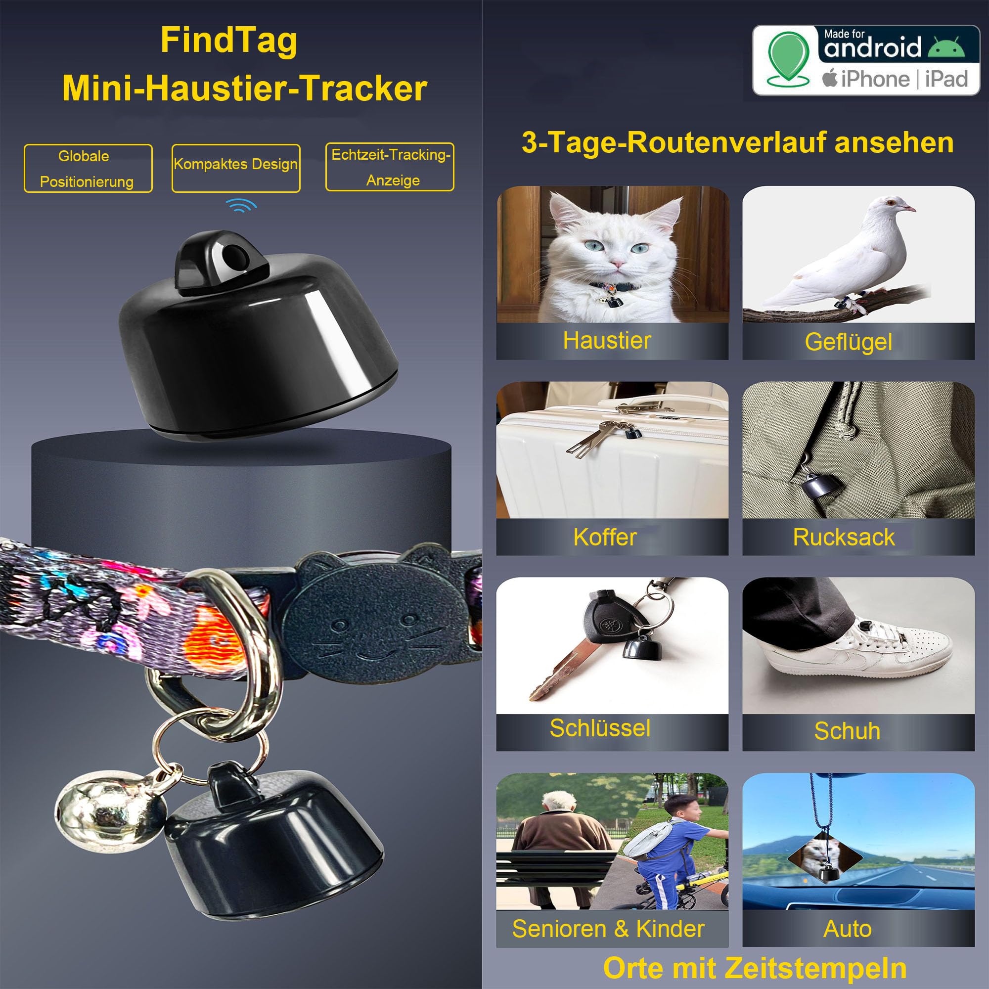 mini GPS Tracker Katze – Kompatibel mit iOS & Android – Weltweite Standortverfolgung – Ohne monatliche Gebühren – Für jedes Halsband geeignet GPS Tracker Hund Katzen Tracker (Katzen)