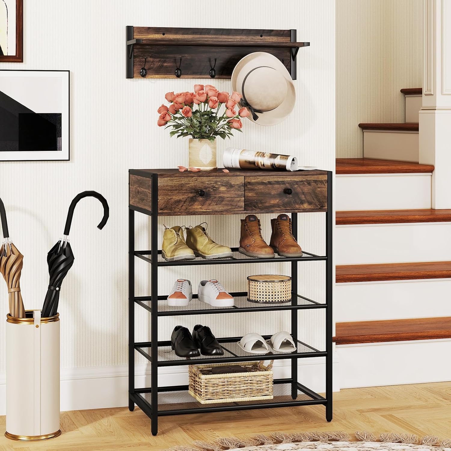 Giantex 5-Tier Shoe Rack Set, Shoe Storage Organizer with Coat Rack, Metal Shoe Stand Set with Wall-Mounted Coat Hanger, Shoe Storage Shelf with Hooks & Drawers, Entryway Furniture