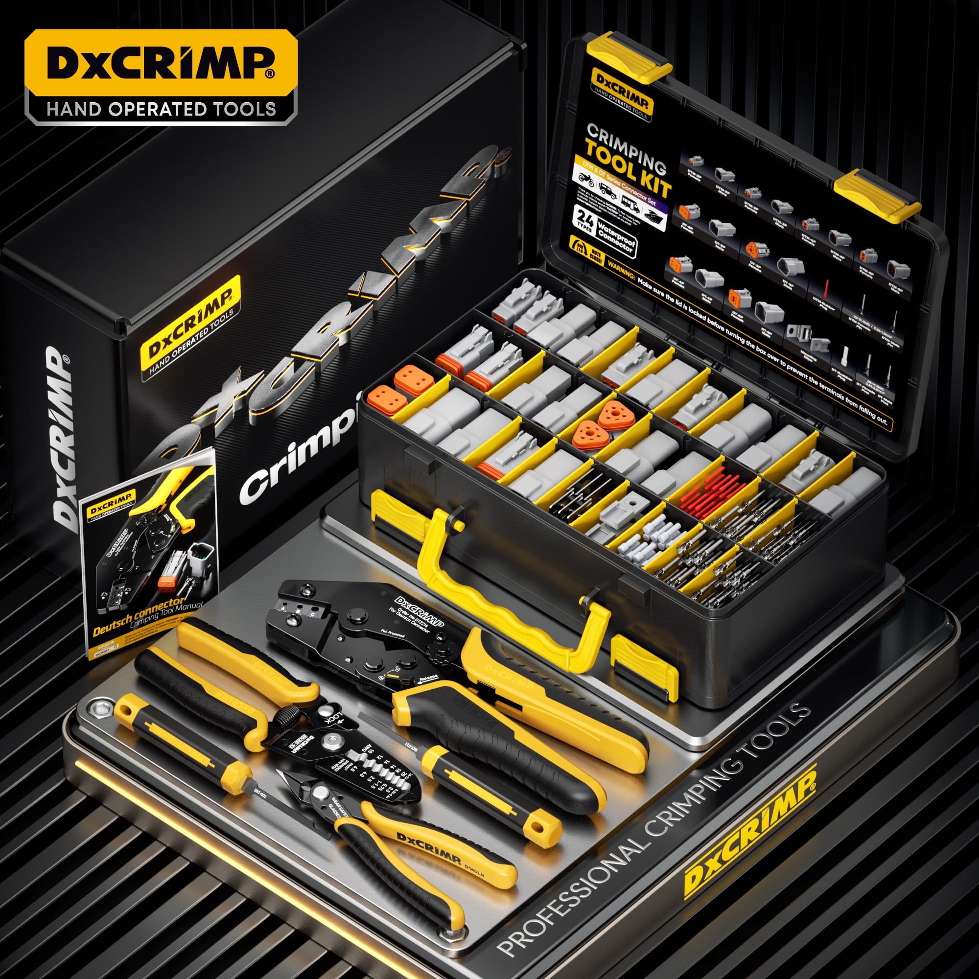 DxCRIMP DT & DTM - Set di connettori impermeabili per auto con pinza crimpatrice a 2/3/4/6 poli | Misura 16/20 contatti, pinza crimpatrice (0,34-2,5 mm²), spelafili e 2 strumenti di estrazione. IP68 per auto, moto e camion