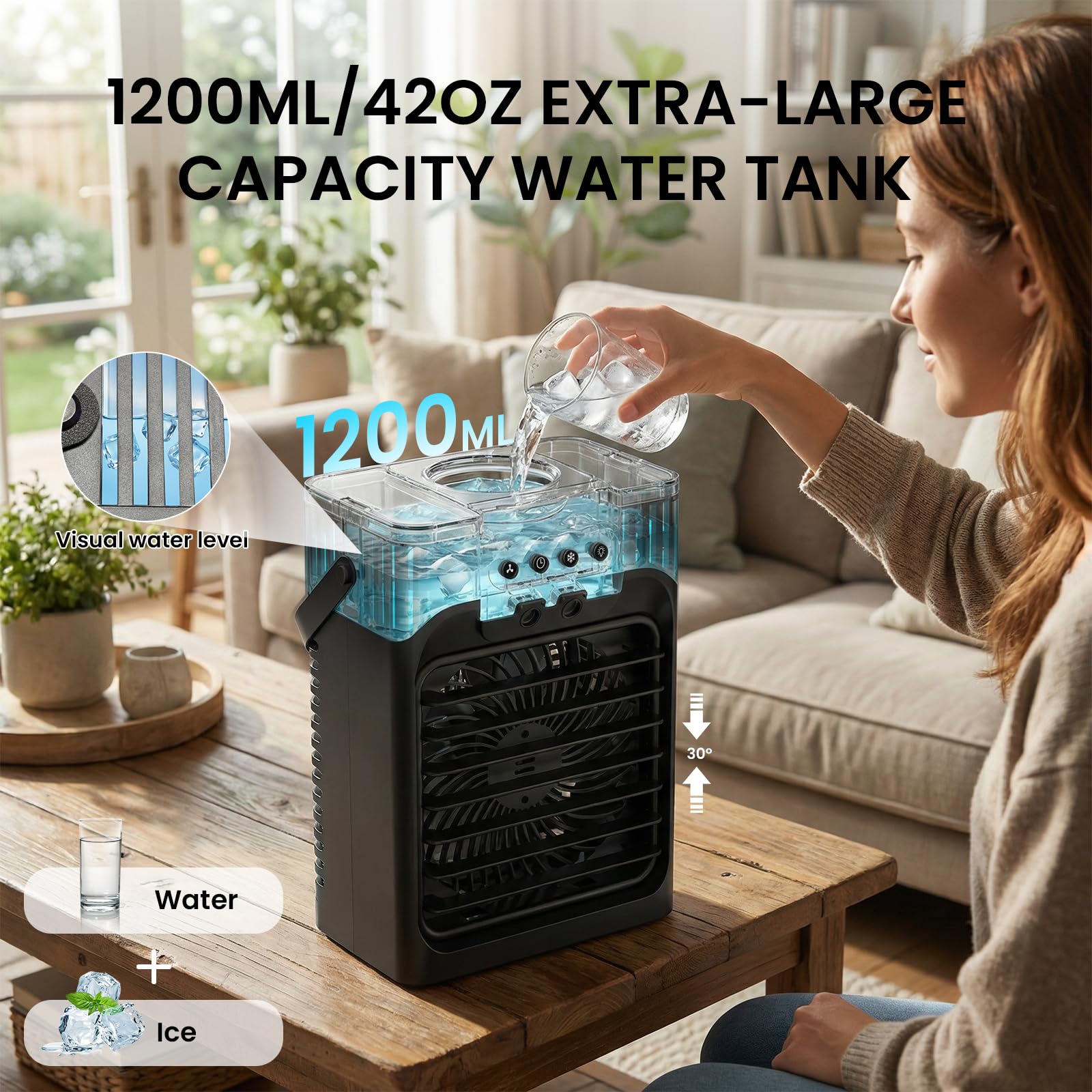 Mobile Klimaanlage, 4-in-1-Klimaanlage Mobil mit Fernbedienung/3 Geschwindigkeiten/3 Nebelmodi/1200-ml-Wassertank/2-8-Stunden-Timer/Nachtlicht, Mini Klimaanlage für Zimmer Wohnung Auto Camping