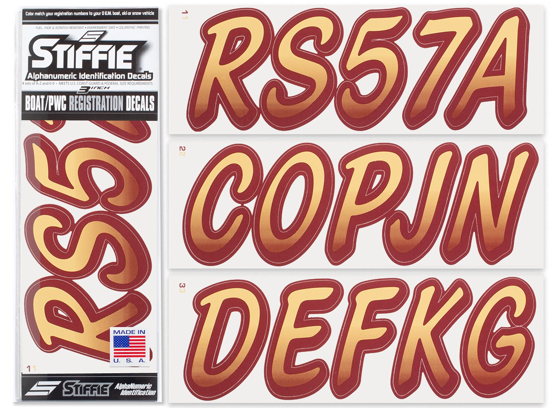 STIFFIE Whipline Tan/Burgundy 3" Boat &amp; PWC Registration Decals • Numbers Letters Stickers