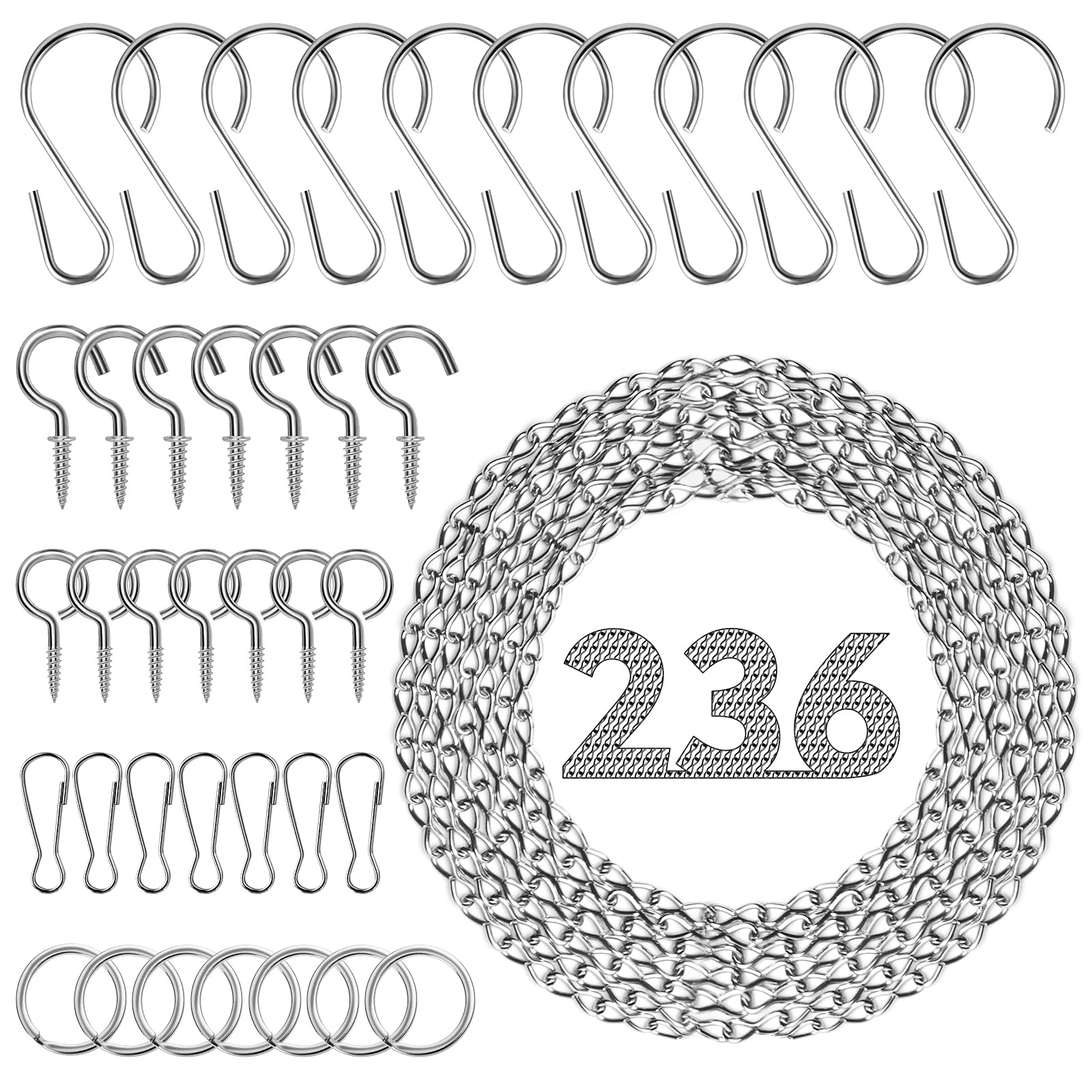 Chaîne de suspension de 690 cm, chaînes en métal argenté pour plantes suspendues, 12 crochets en S, 12 boucles, 12 anneaux, 24 crochets à vis pour mangeoire à oiseaux, jardinière, lanterne et