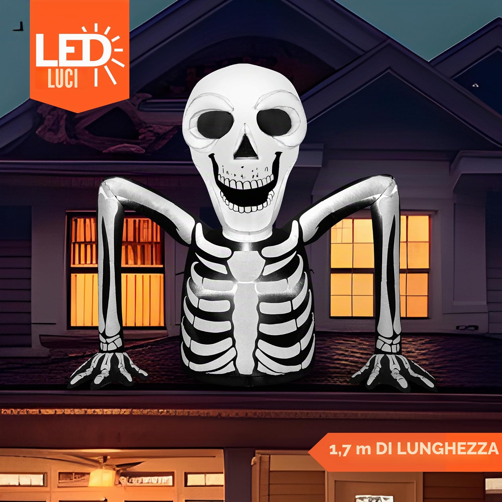 JOIEDOMI 5,5 FT Lungo Halloween Scheletro Gonfiabile Interruttore a Terra con LED Incorporati Esplodono per Halloween Interno Esterno Cortile Giardino Prato Decorazione Festa