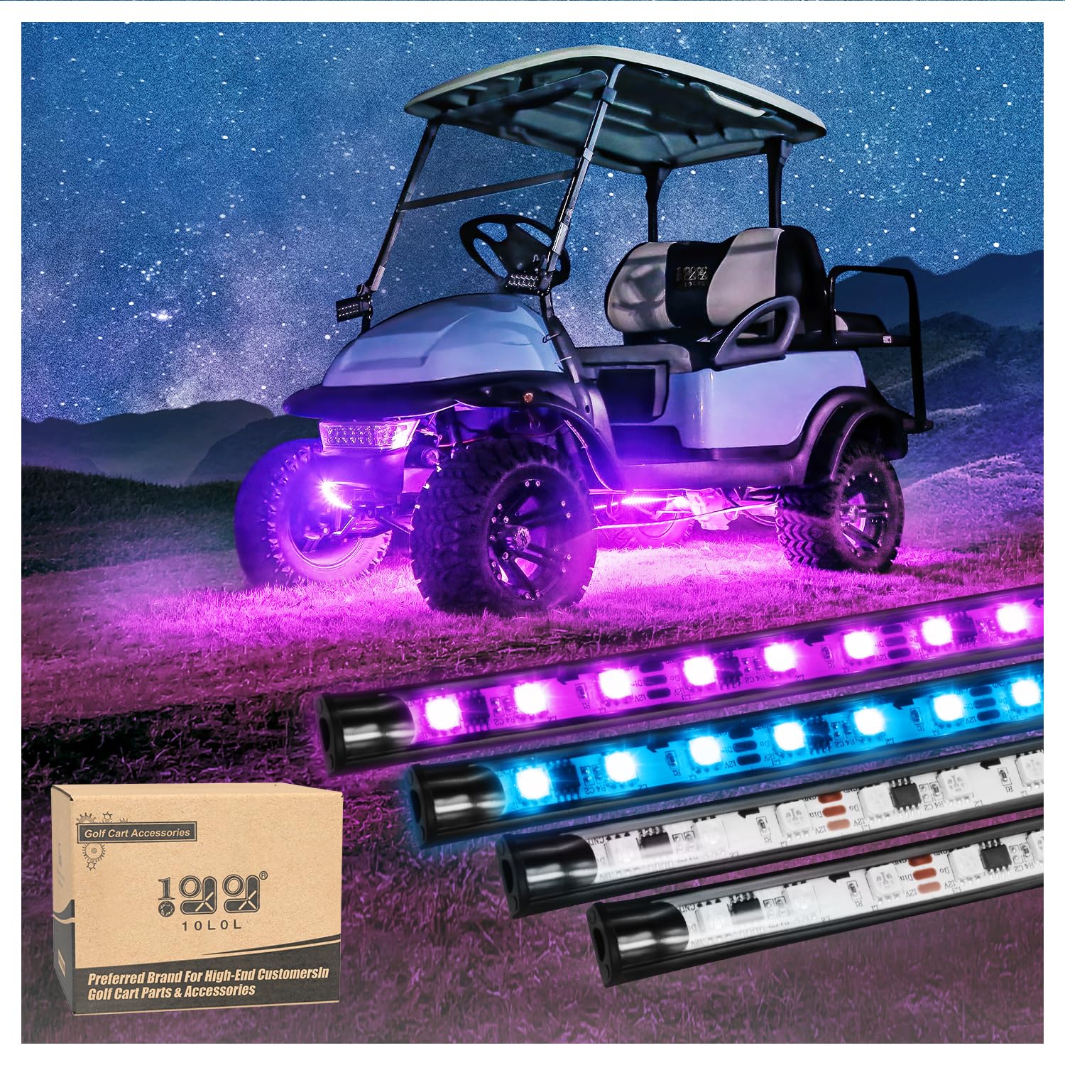 Photo 1 of 10L0L 4PCS Golf Cart Underglow LED Light Kit, Underbody RGB Strip Lights, 24-Mode Neon Accent Lighting, Music Sync, Wireless Remote, IP67 Waterproof, 12V-80V Input for EZGO Yamaha Club Car