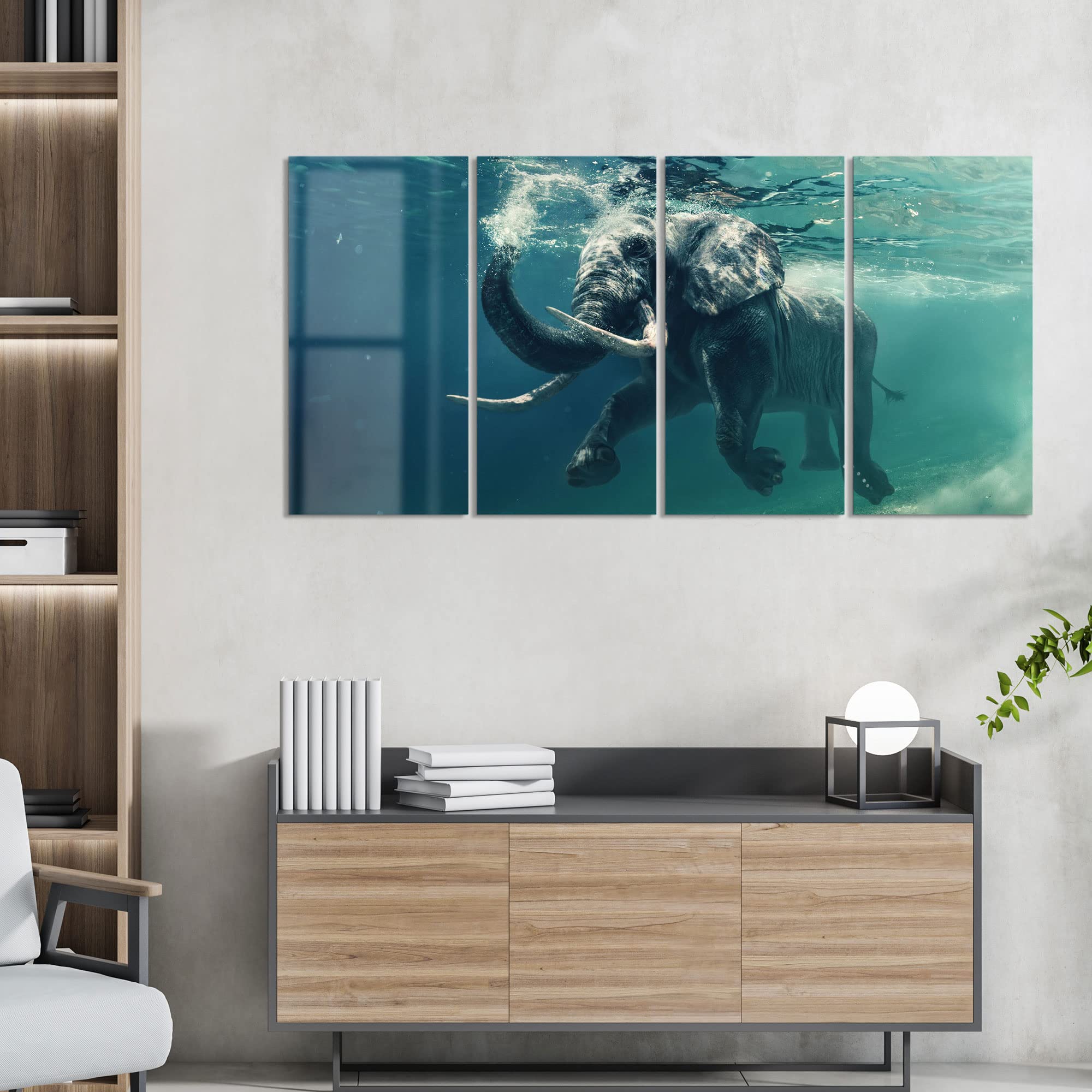 DEQORI Glasbilder Echtglas | Motiv Schwimmender Elefant | horizontal 4-teilig 120x60 cm | große XXL Deko | Wandbilder für Wohnzimmer, Schlafzimmer, Flur & Küche | moderne Wanddeko