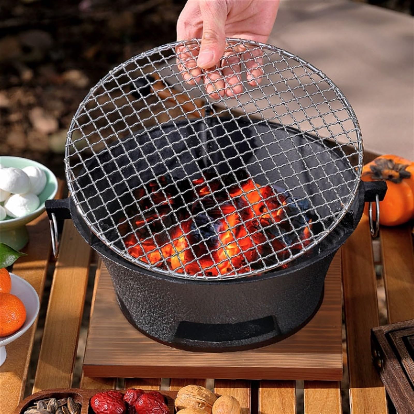 Portátil Parrilla de carbón for barbacoa hierro fundido grueso, estufa calefacción for interiores y exteriores, horno antiadherente con bandeja for asar red for parrilla Cámping(Middle)