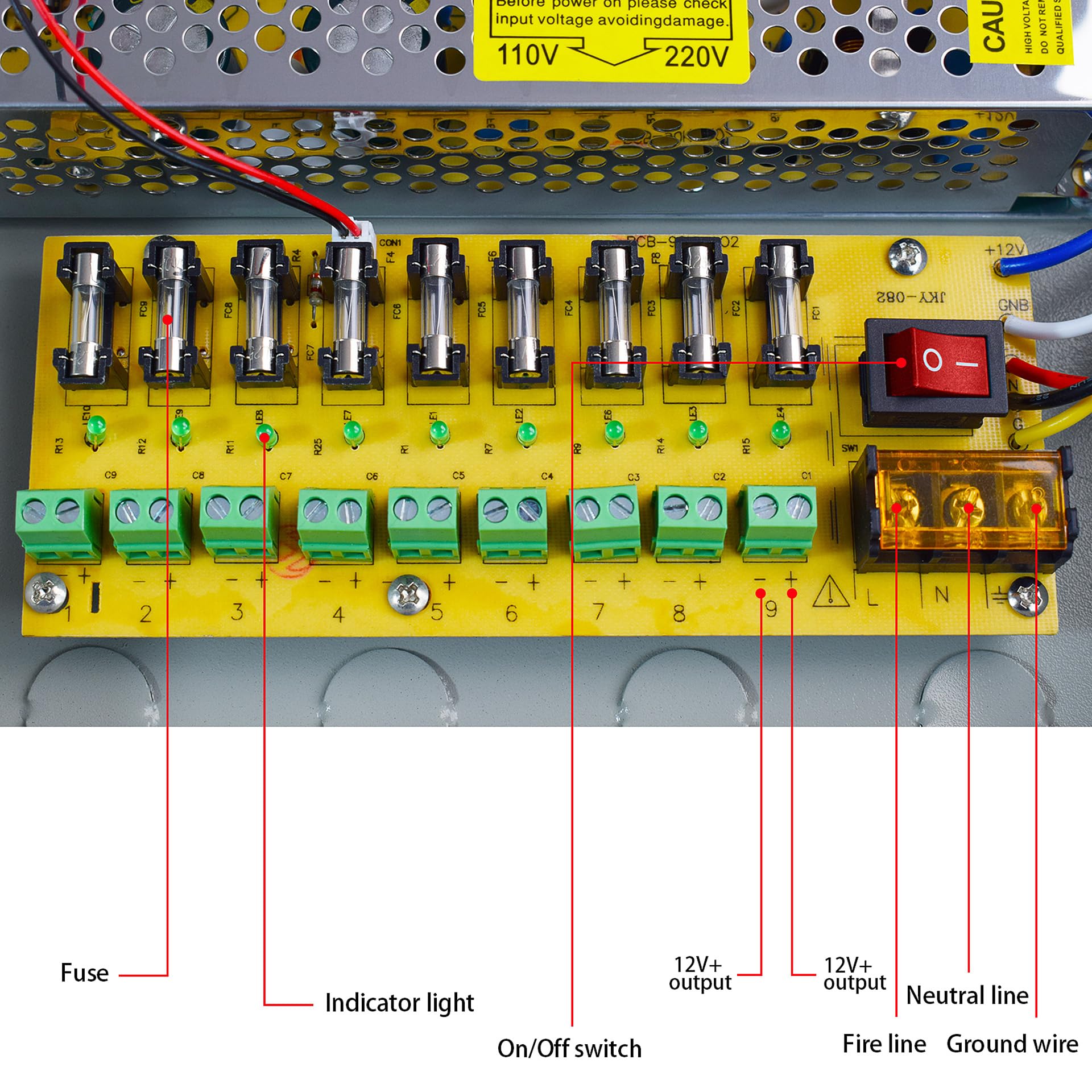 Alimentation 12V 10A 9 Canaux, Boîtier d'alimentation Distribuée CCTV pour Caméra de Surveillance, Adaptateur 120W avec Protection, Montage Mural