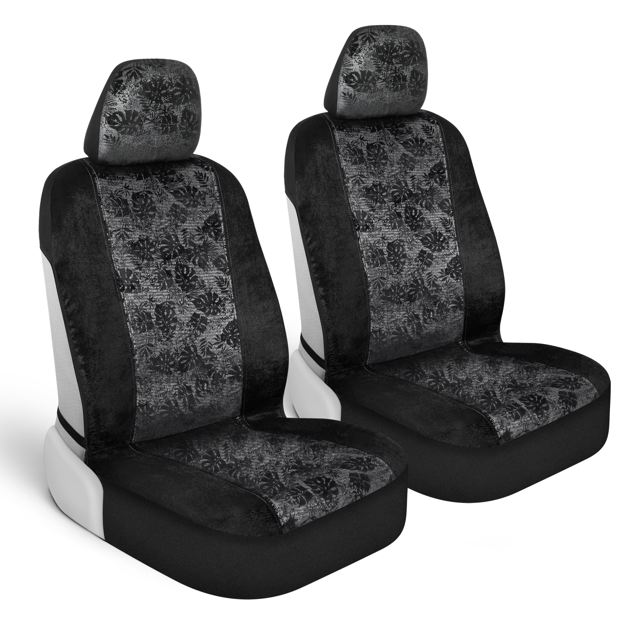 BDK Black Maui Car Seat Covers for Front Seats, 2 Pack – Tropical Pattern with Matching Headrest, Sideless Design for Easy Installation, Fits Most Car Truck Van and SUV