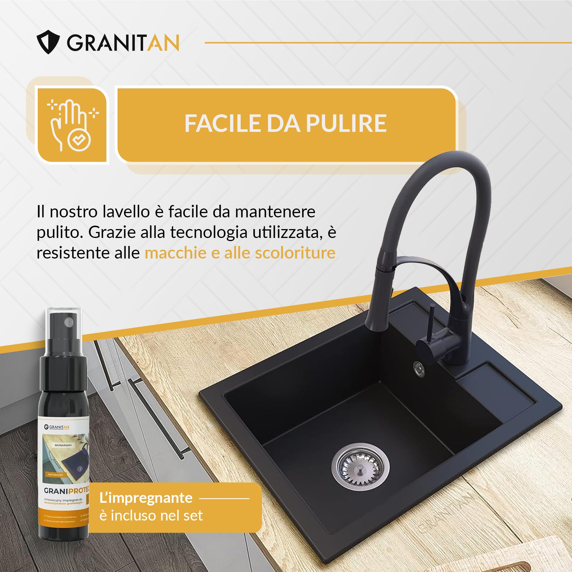GRANITAN Lavello Cucina - Lavabo Cucina con Sifone Cromati + Impregnante 30 ml - Lavandino Cucina - Lavello Cucina 1 Vasca - Lavello 40x50 cm con Fori Preforati in Materiale Granito - Beige chiaro | Colino e impregnante, lavello con 1 lavello in granito c