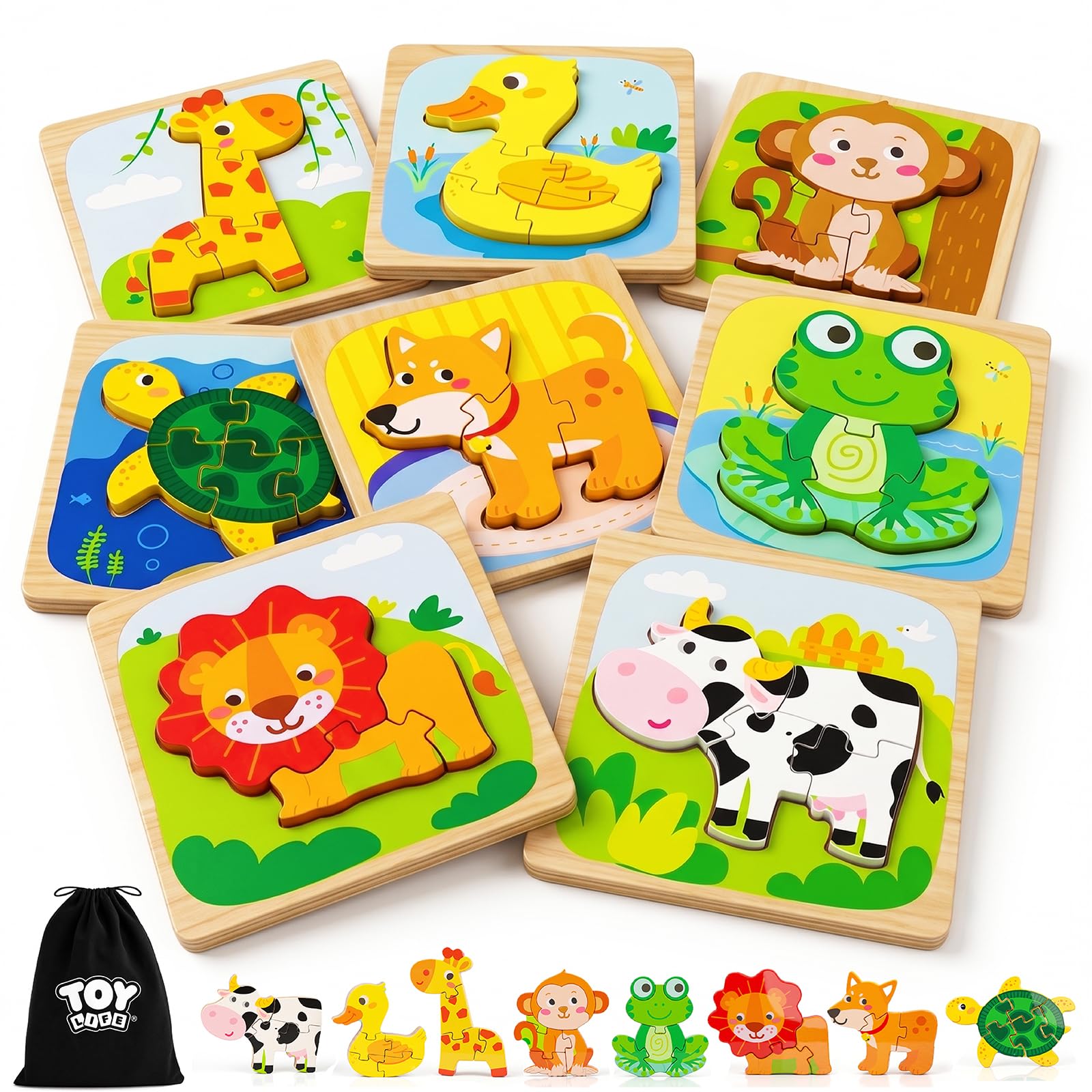 TOY Life Wooden Puzzles for Toddlers 2-4, Montessori Toys for 1 2 3 Year Old Boys Girls, Animals Puzzles Educational Learning Toys 2 Year Old, Toddler Birthday Gifts Toy for Baby Girl Boy 6M+ 8 PCS