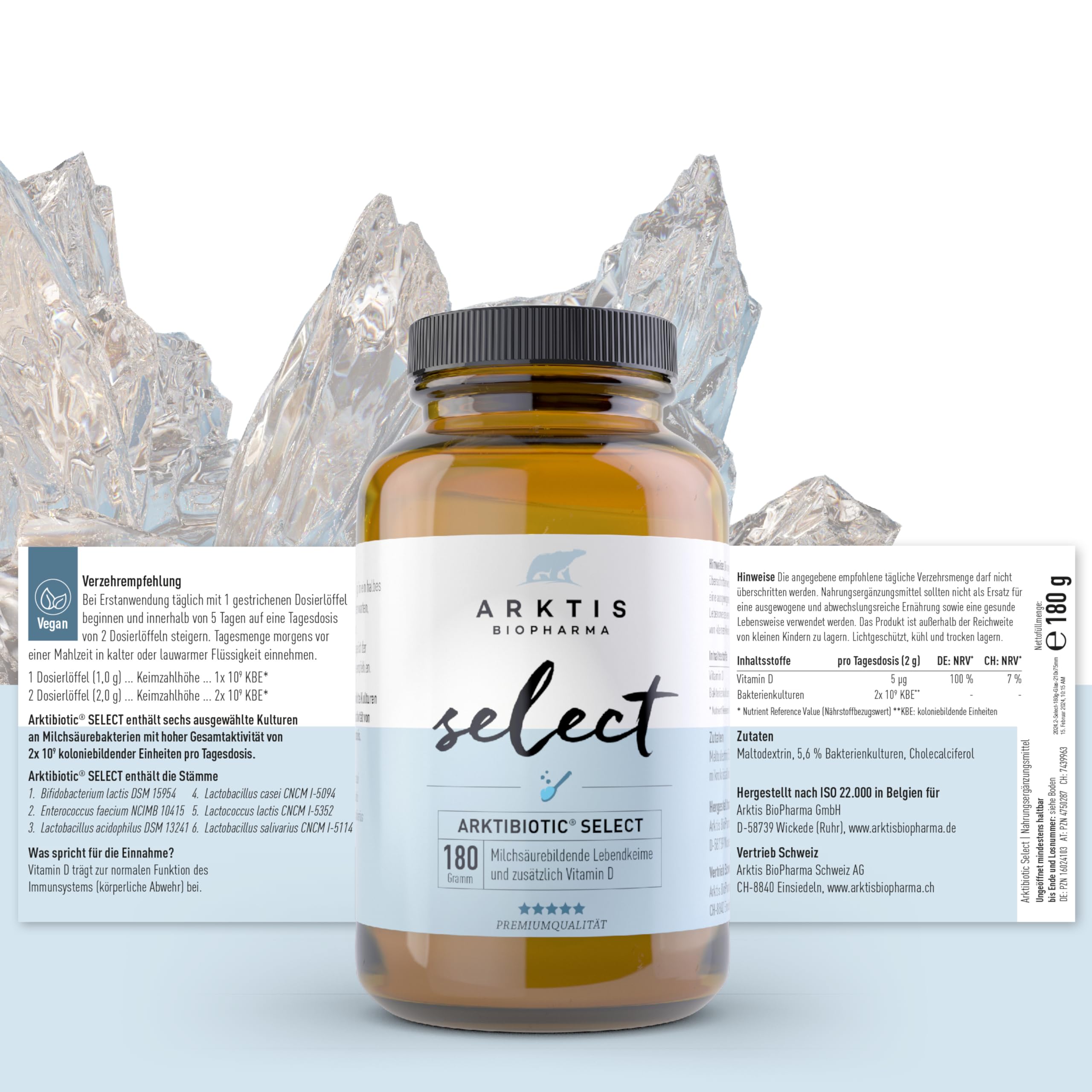 Arktibiotic Select 180g Probiotika mit 6 Lactobacillus-Kulturen + Vit D | Milchsäurebakterien für die Darmkur nach Antibiotika-Therapie