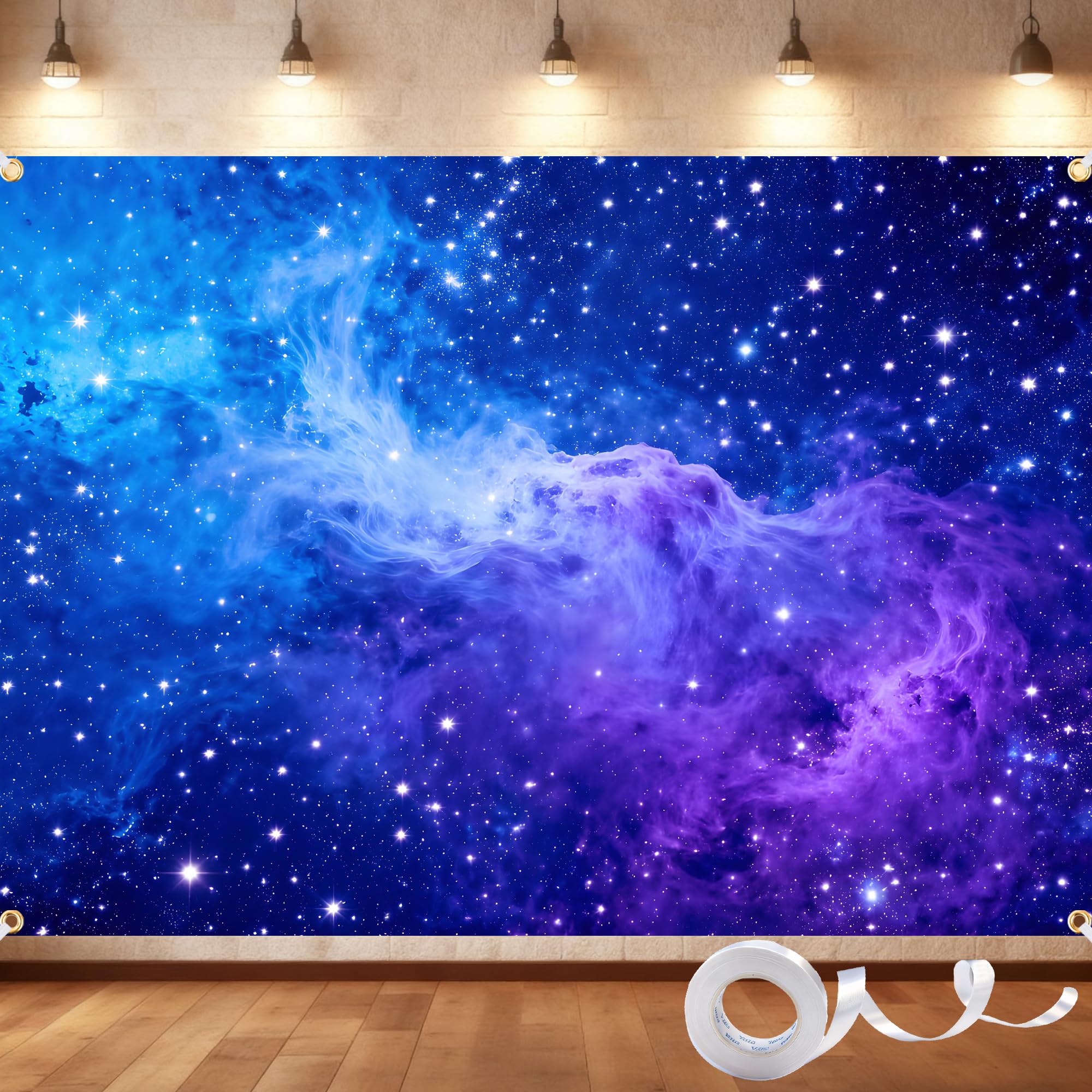 Galaxy Backdrop 7x5ft Starry Sky Universe Space Nebula Photo Background – Cosmic Galaxy Wall Hanging for Bedroom Decor & Party Decorations with Ribbon, Polyester Fabric