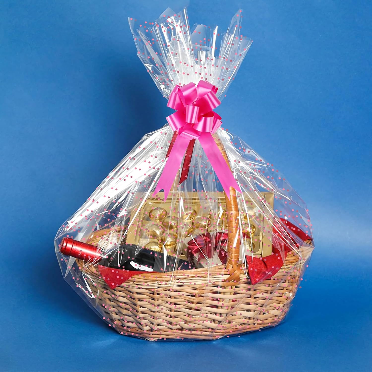 CMFYHM 10 Pack Large Cello/Cellophane Bags with Pink Polka Dot (30in x 40in) Clear Basket Bags,Clear Cellophane Wrap Bags for Gift Baskets, Gift Bags with 10 Colour Bows - Image 3