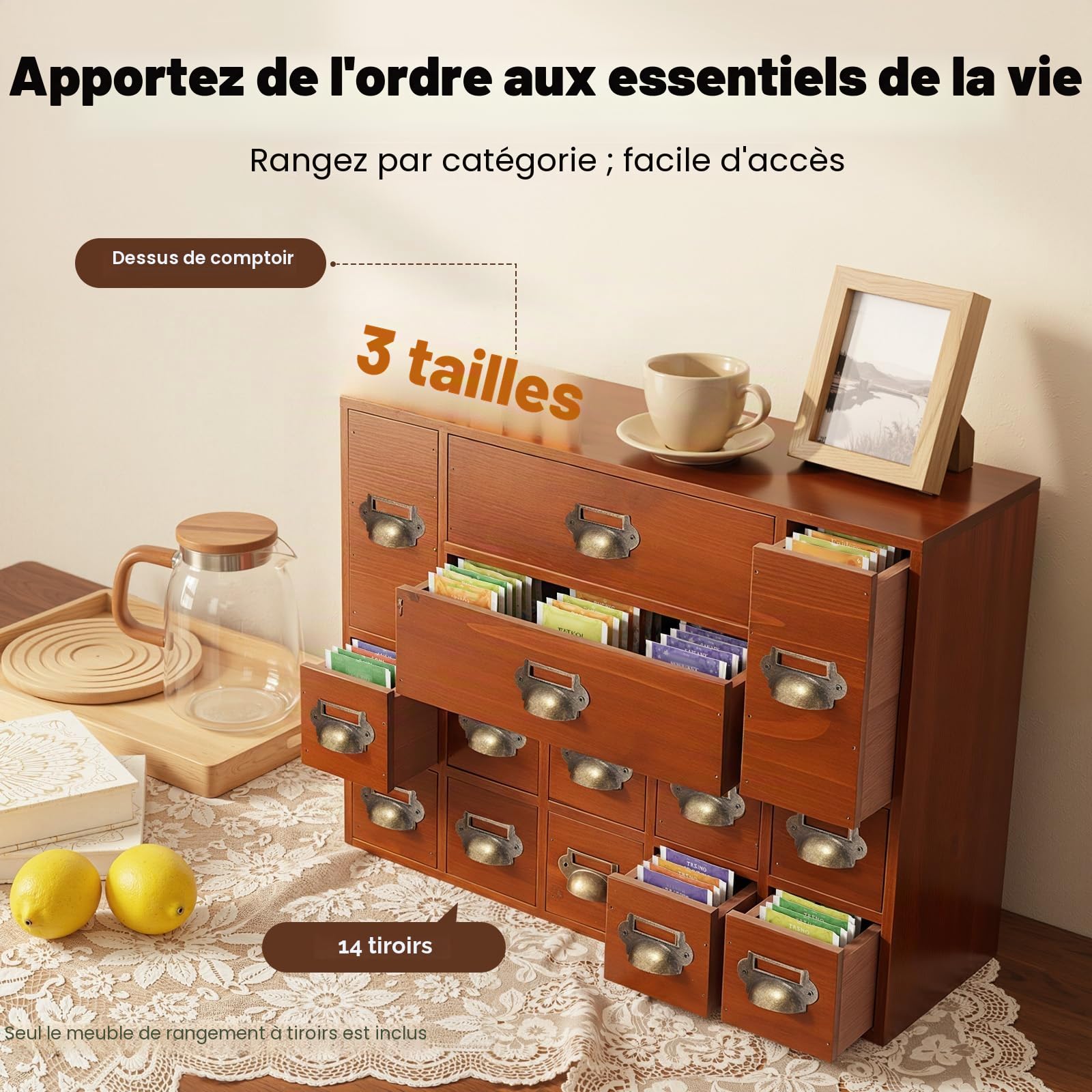 Boîte de rangement en bois à 14 tiroirs - Armoire médicale en bois - Petit organisateur de tiroirs rétro - Armoire d'apothicaire - Organisateur pour fournitures de bureau, bijoux, médicaments