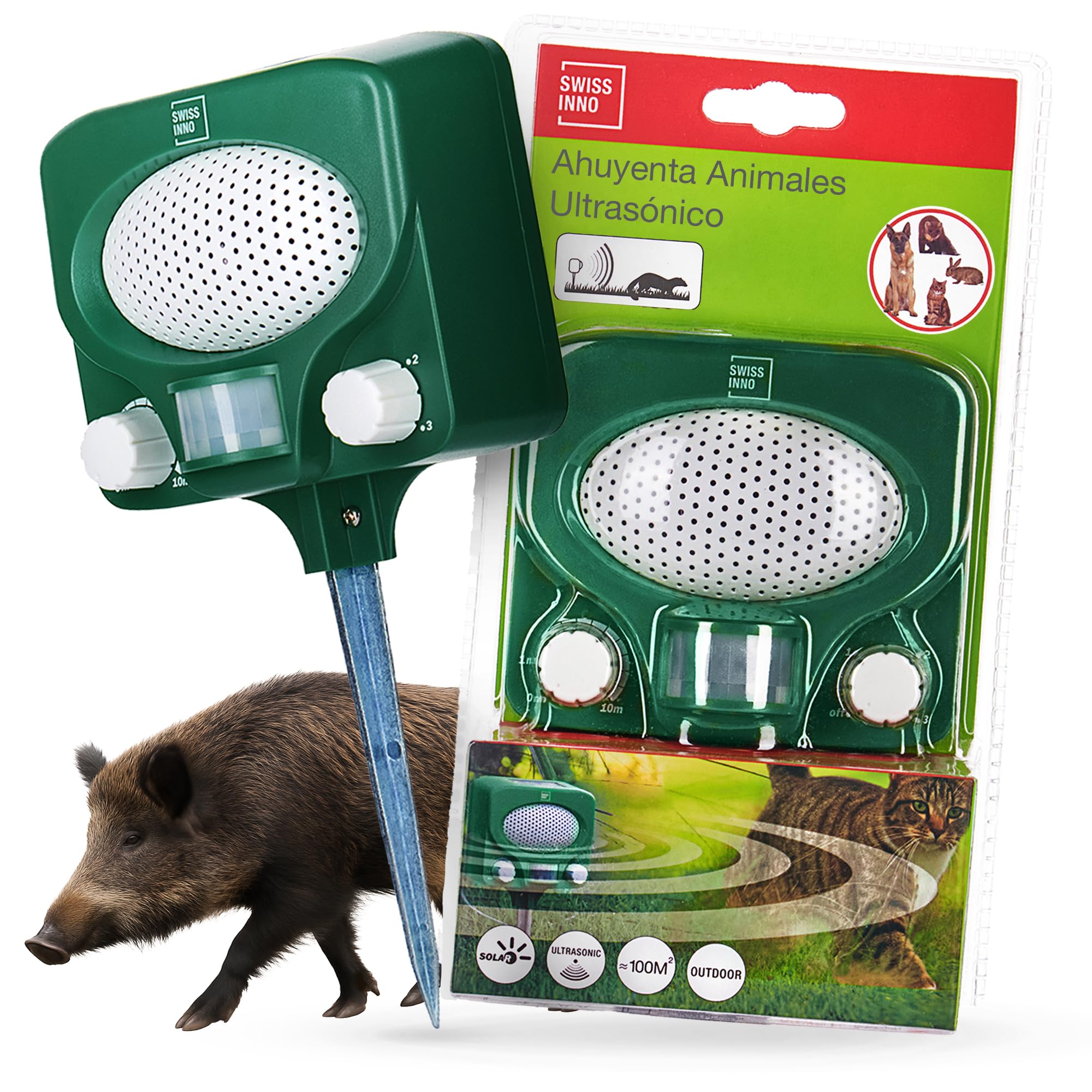 SWISSINNO Repelente Ultrasónico Animales – Ahoruyenta Gatos Perros Martas Conejos Zorros – Panel Solar – Cobertura 100m² – Resistente al Agua – Exterior Día y Noche