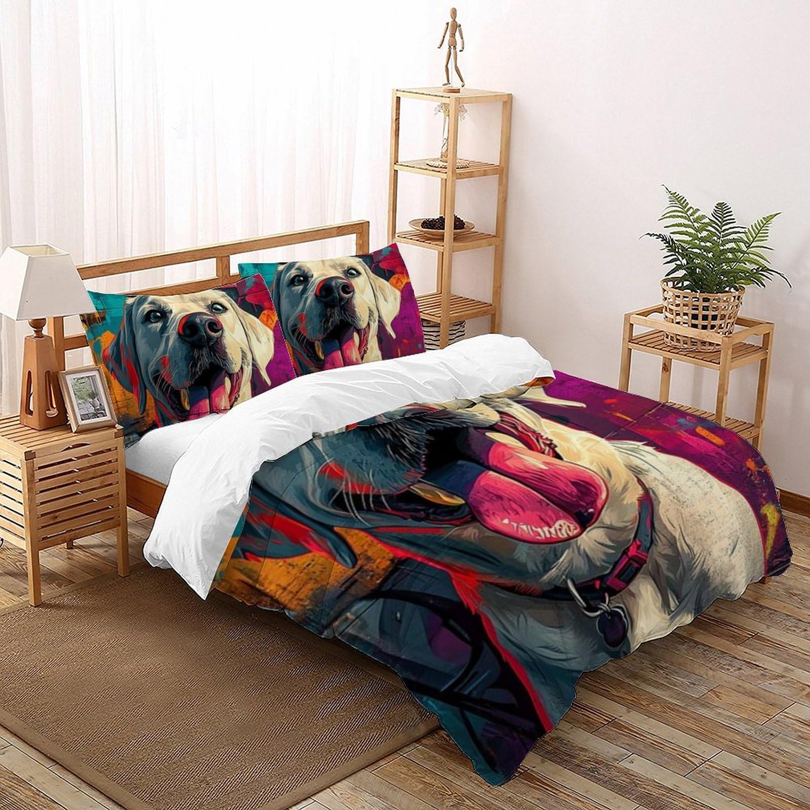 Housse de couette double microfibre 200x200cm motif chien blanc avec taies d'oreiller